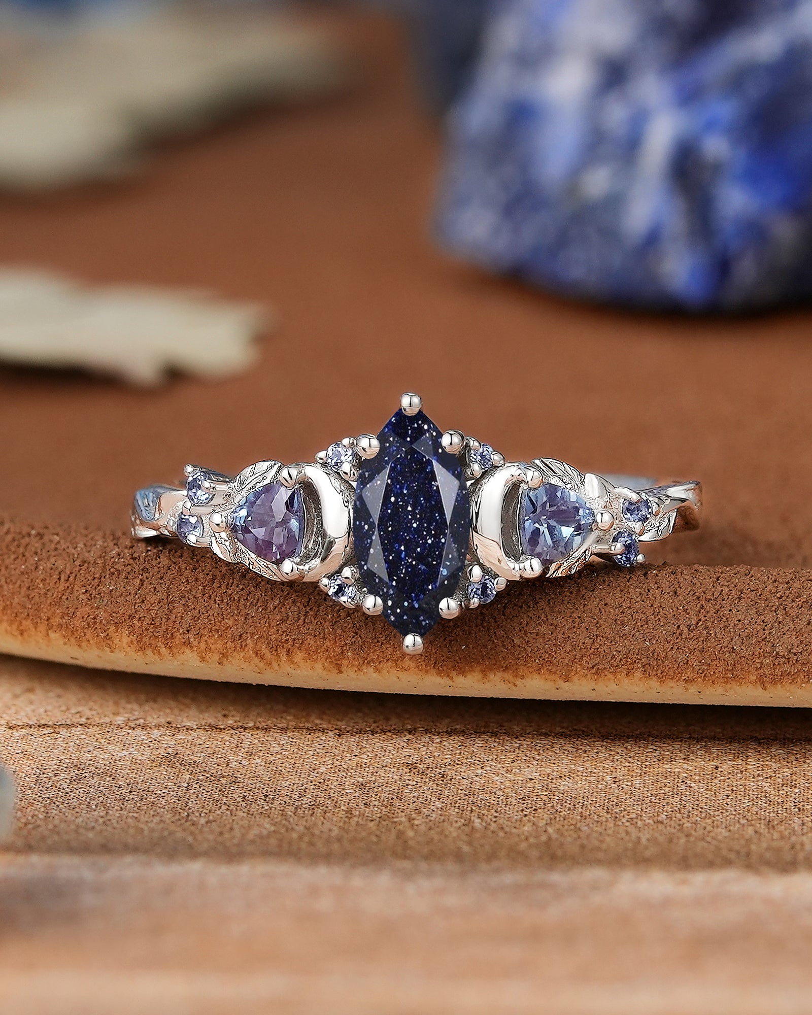 Moon Inspired | Unique Sandstone Leaf & Moon Design Engagement Ring Yellow Gold Promise Rings For Her - LCCjewelry