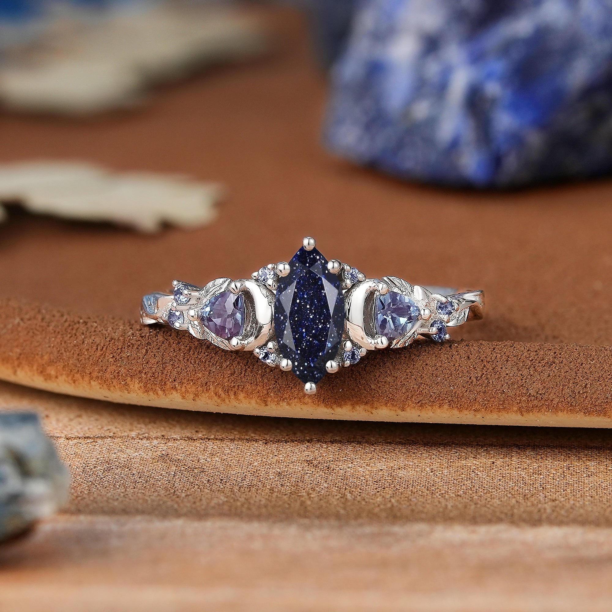 Moon Inspired | Unique Sandstone Leaf & Moon Design Engagement Ring Yellow Gold Promise Rings For Her - LCCjewelry