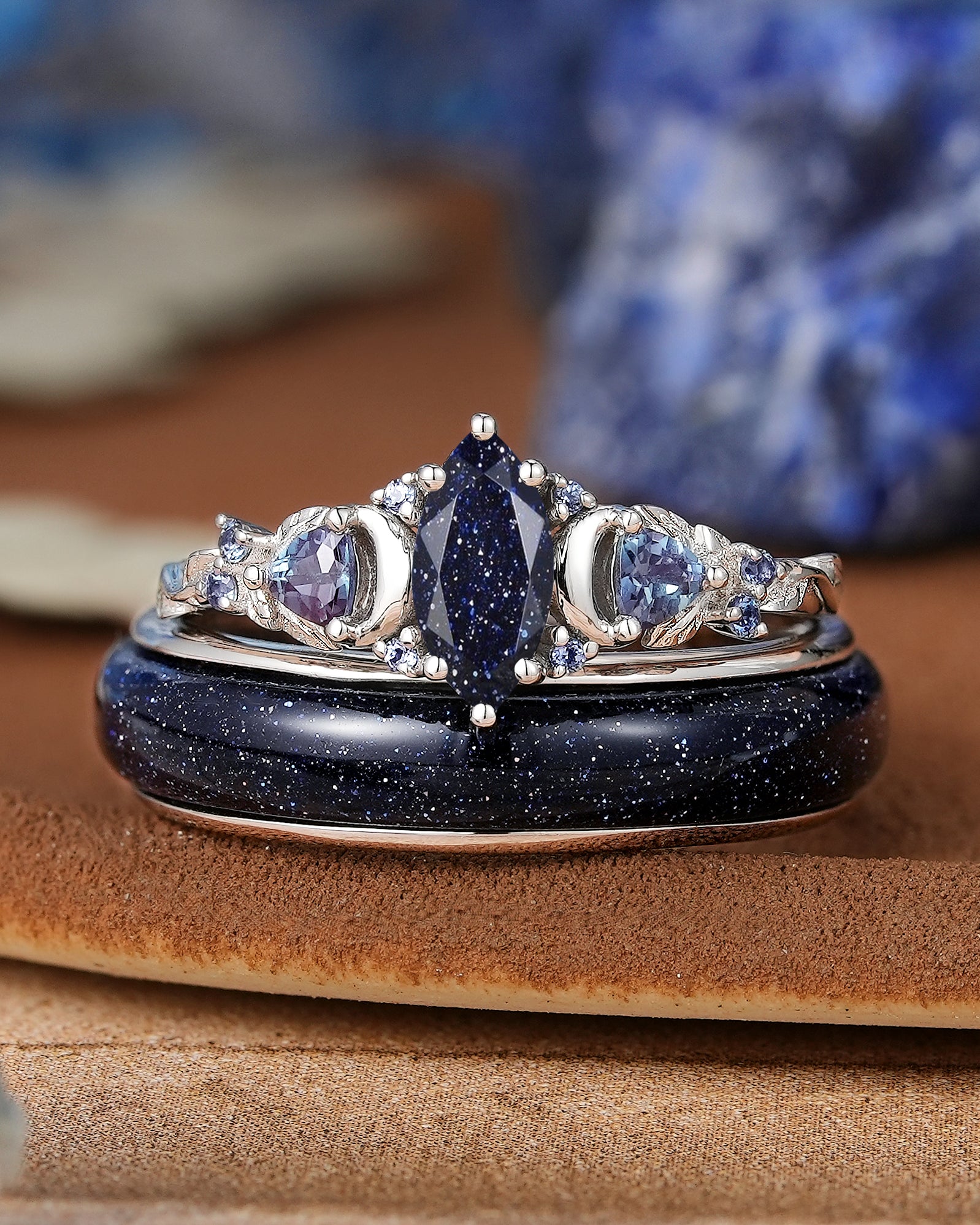 Moon Inspired | White Gold Sandstone Couple Rings Nature Inspired Leaf Design Engagement Ring - LCCjewelry