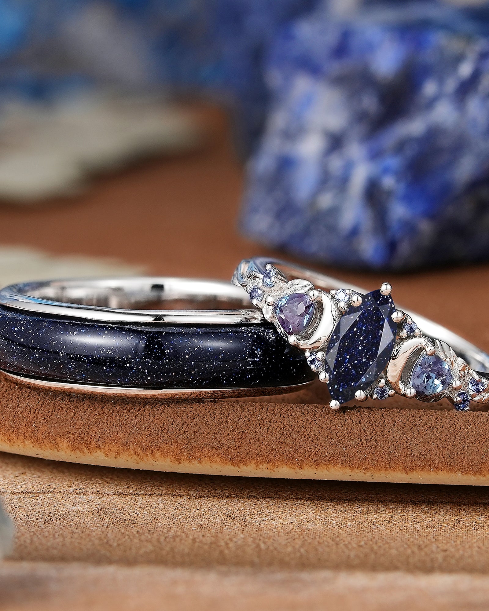 Moon Inspired | White Gold Sandstone Couple Rings Nature Inspired Leaf Design Engagement Ring - LCCjewelry