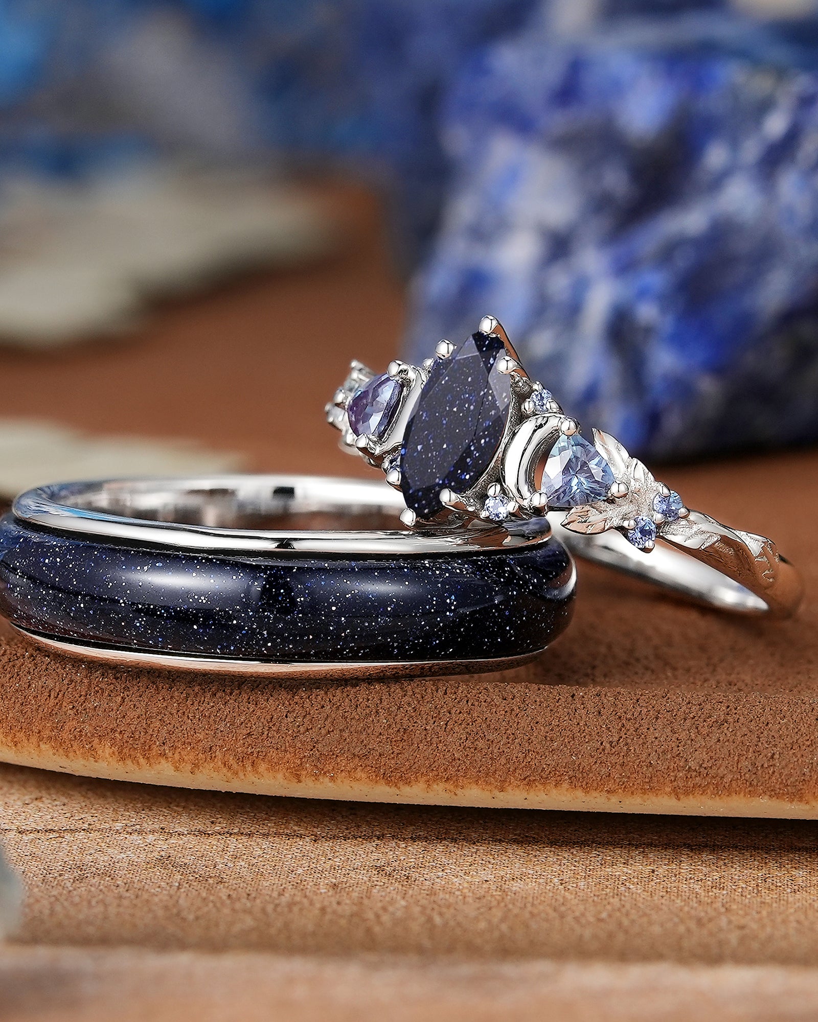 Moon Inspired | White Gold Sandstone Couple Rings Nature Inspired Leaf Design Engagement Ring - LCCjewelry