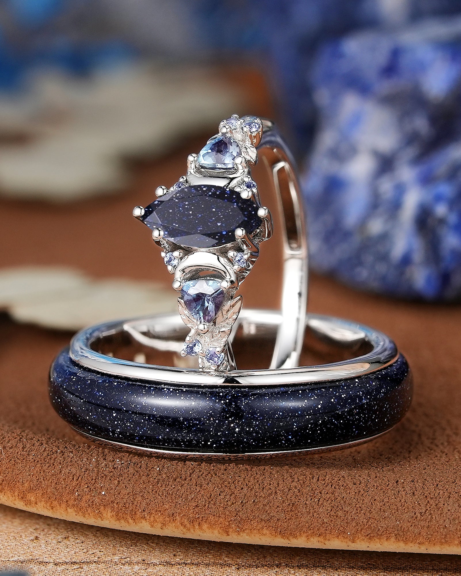 Moon Inspired | White Gold Sandstone Couple Rings Nature Inspired Leaf Design Engagement Ring - LCCjewelry