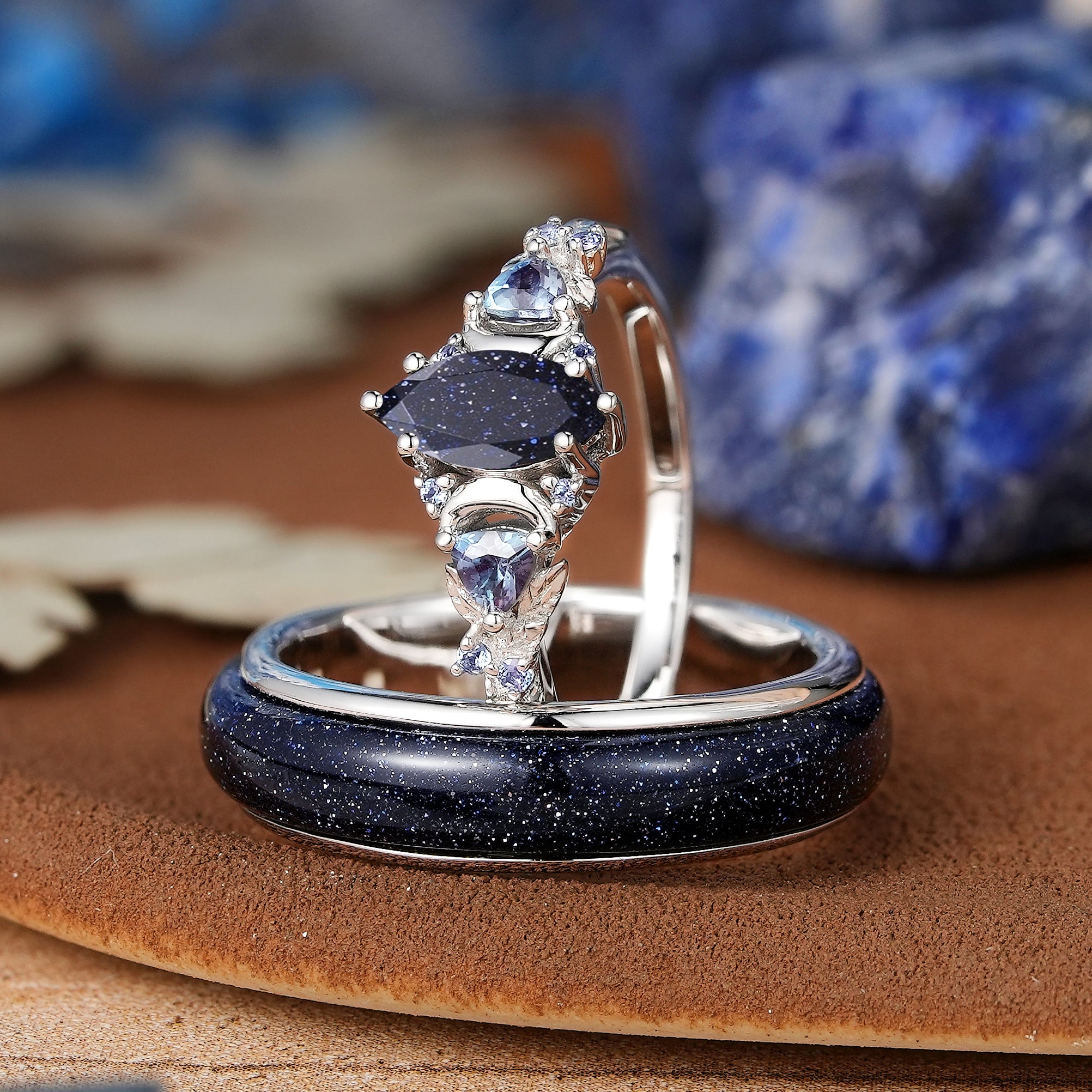 Moon Inspired |  White Gold Sandstone Couple Rings Nature Inspired Leaf Design Engagement Ring - LCCjewelry