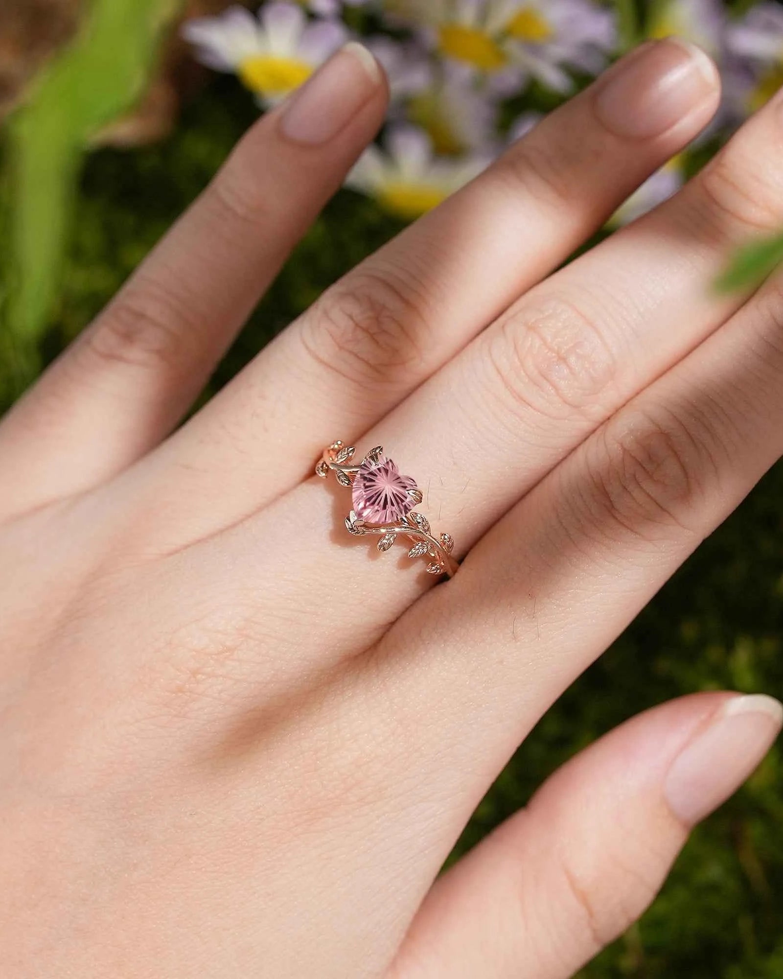 Leaf Inspired | Heart Fireworks Cut Papalacha Leaf Floral Engagement Ring