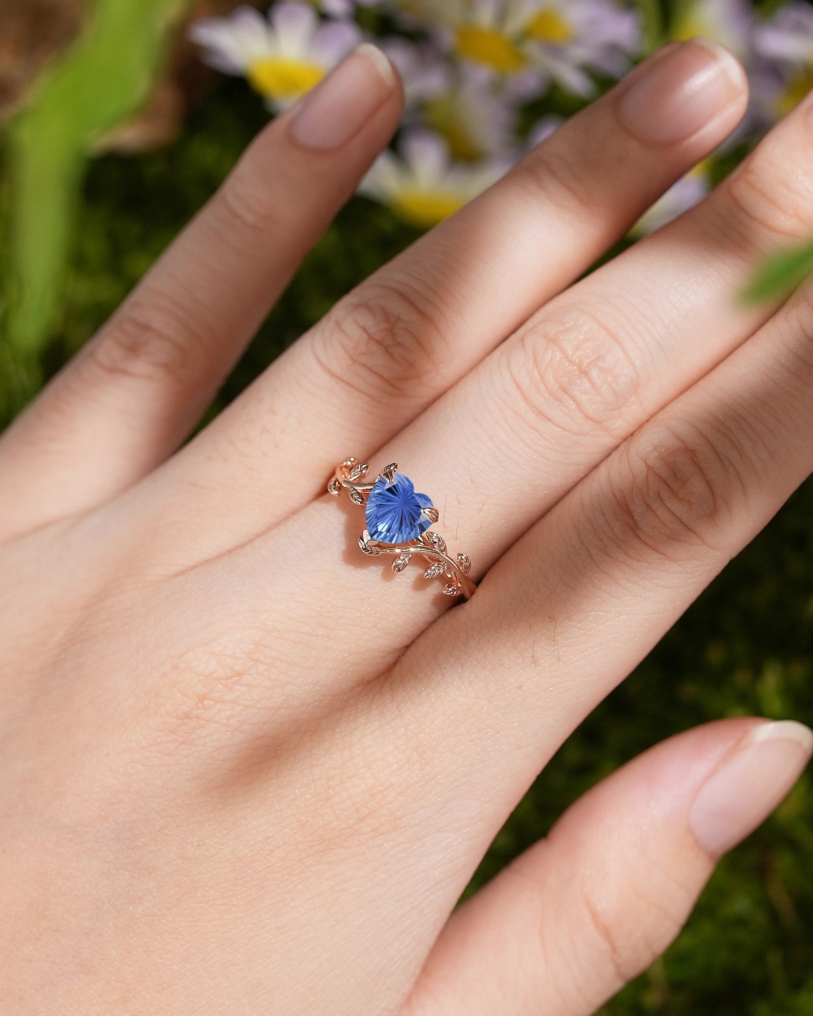 Leaf Inspired | Heart Fireworks Cut Sapphire Leaf Floral Engagement Ring - LCCjewelry