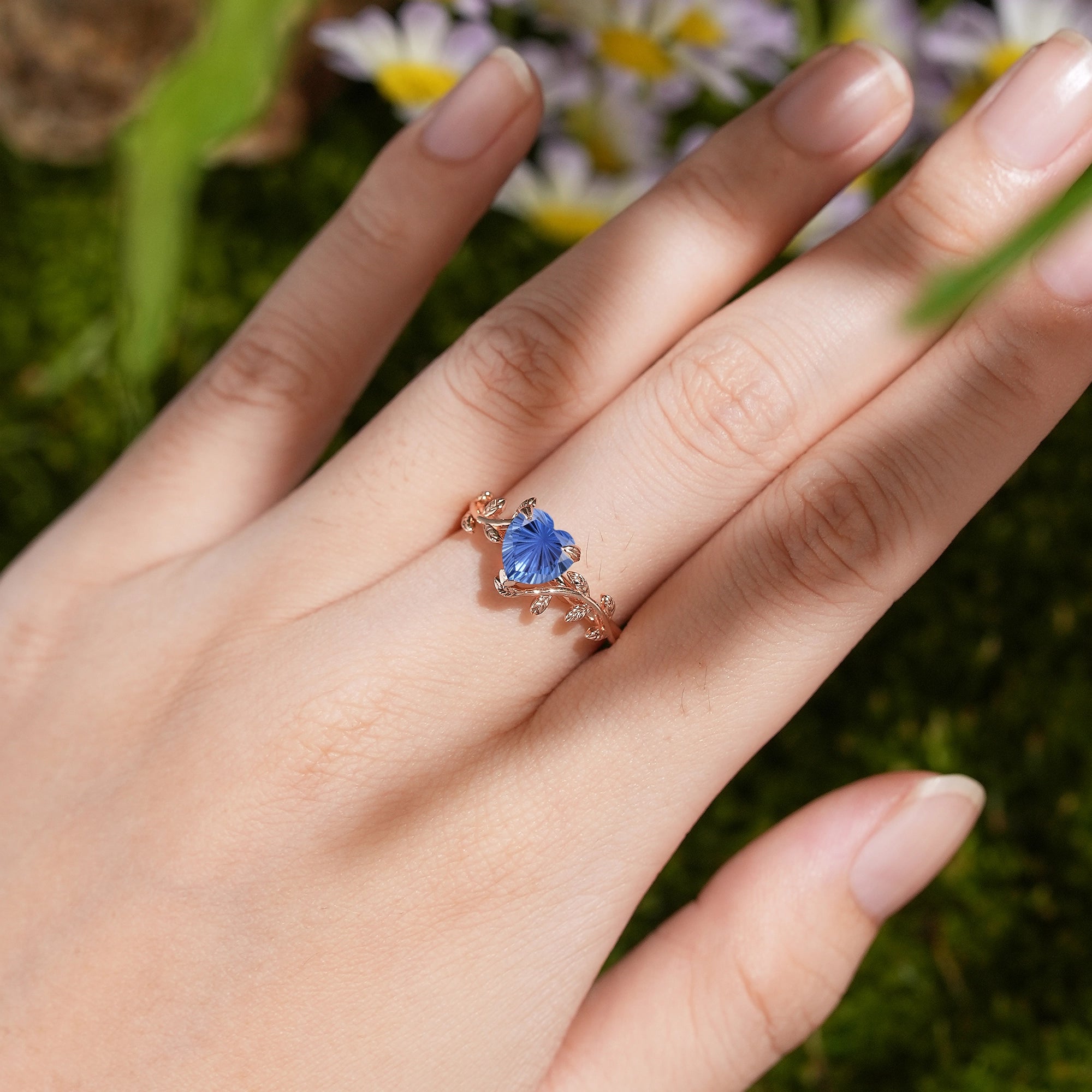 Leaf Inspired | Heart Fireworks Cut Sapphire Leaf Floral Engagement Ring - LCCjewelry