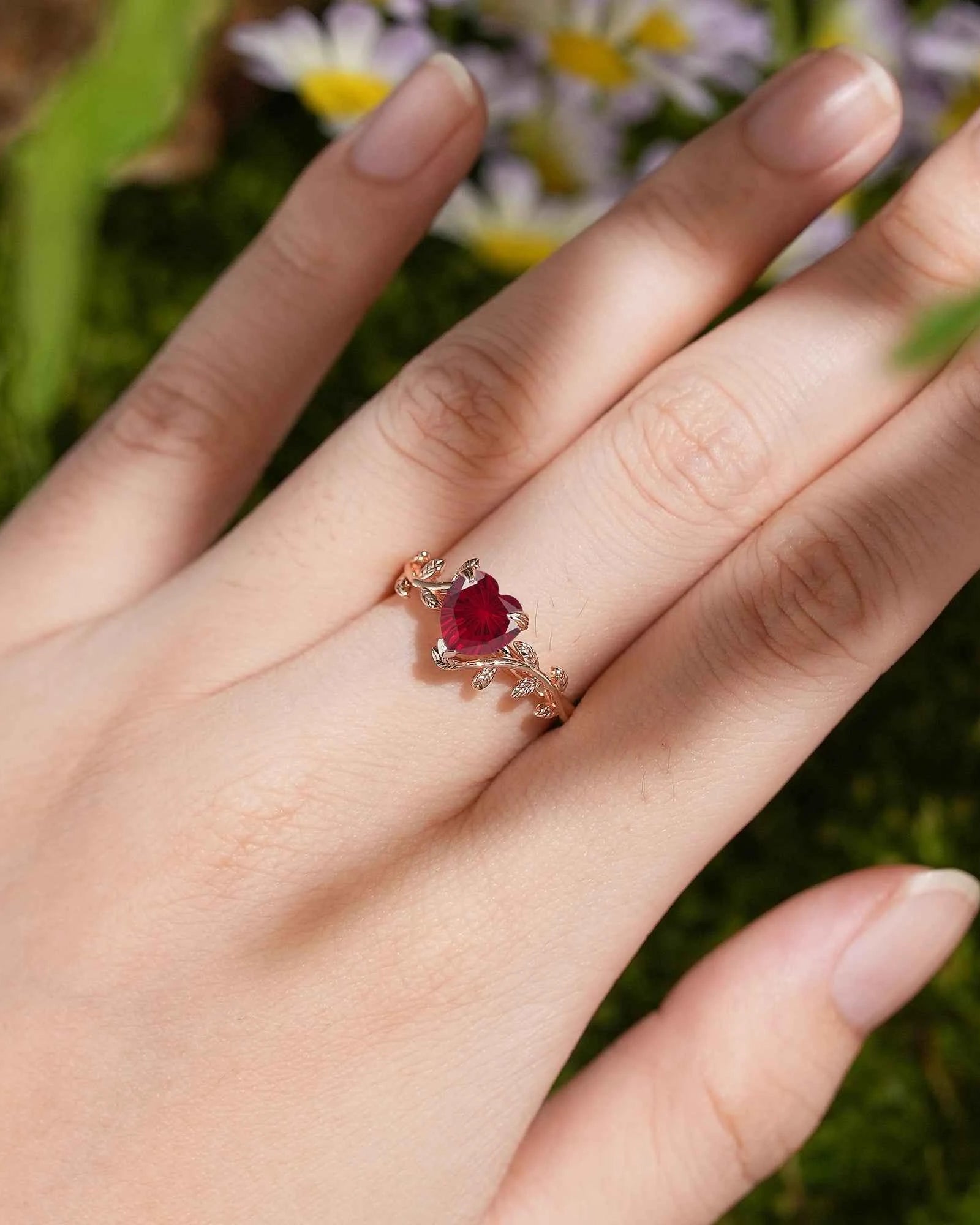 Leaf Inspired | Vintage Heart Cut Fireworks Ruby Engagement Ring