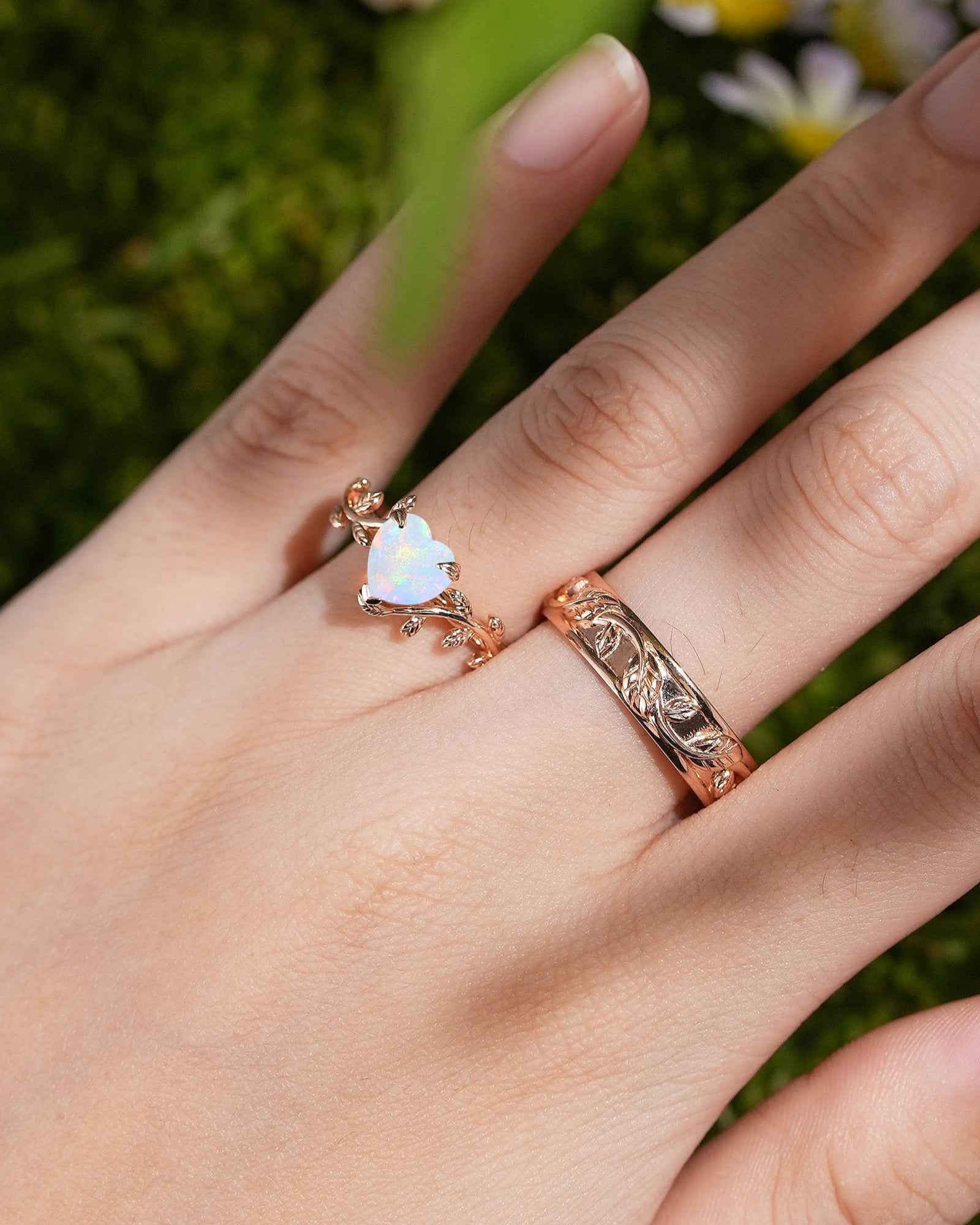 LCCjewelry | Heart Cut Natural Opal Couple Rings Leaf Design Wedding Ring Set
