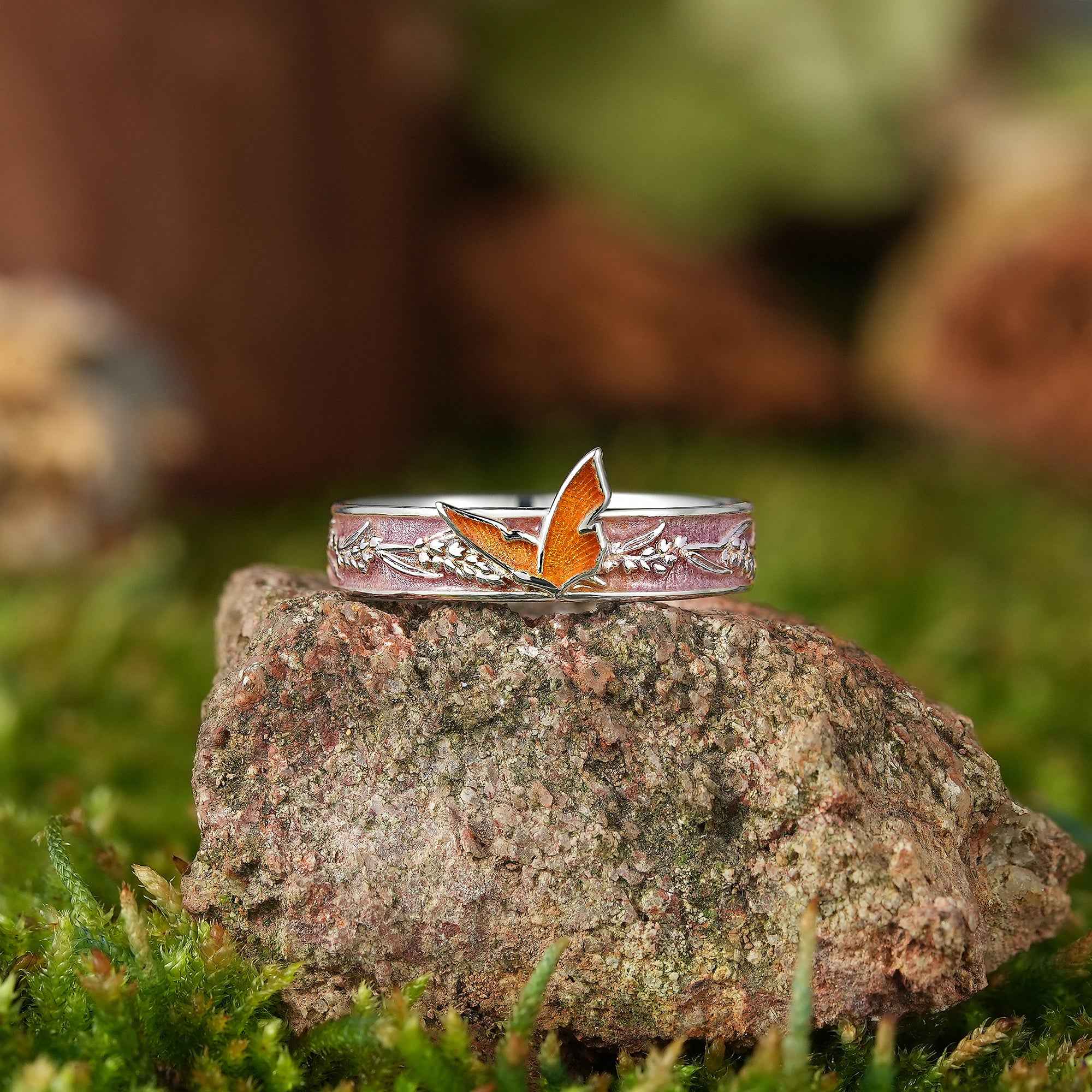 LCCjewelry | Unique Dead Leaf Butterfly Enamel Wedding Band