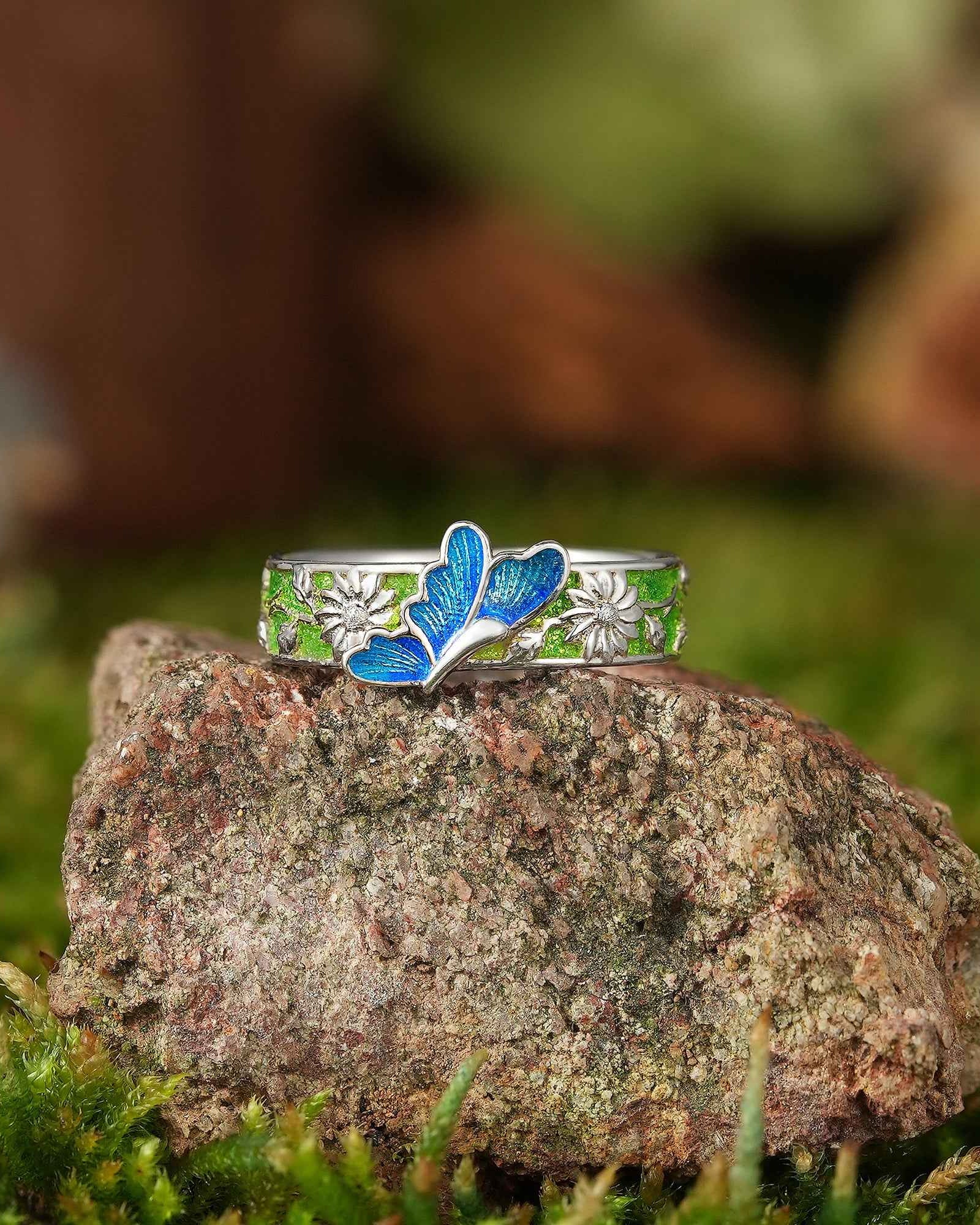LCCjewelry | Unique Spring Blue Butterfly Enamel Wedding Band