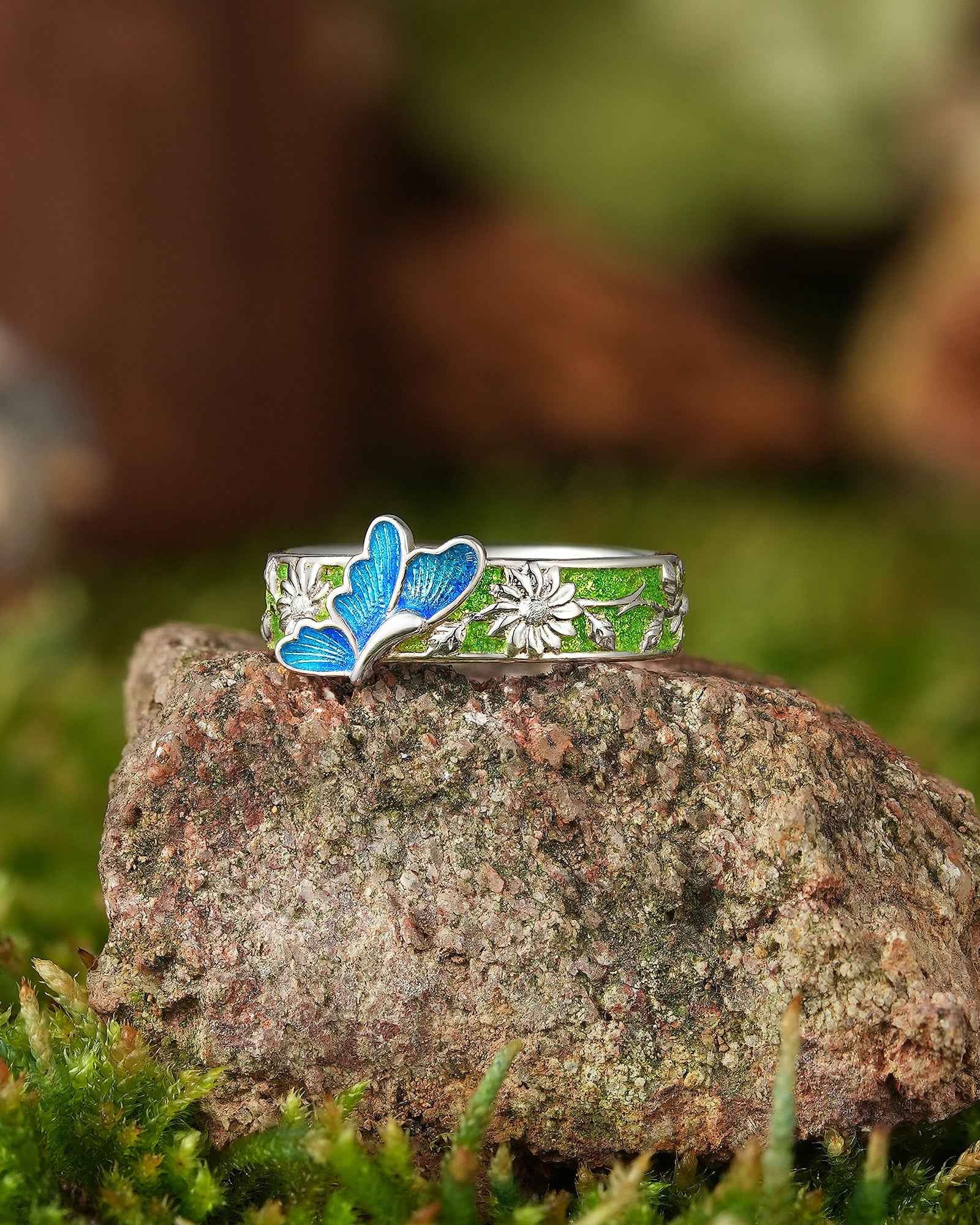 LCCjewelry | Unique Spring Blue Butterfly Enamel Wedding Band