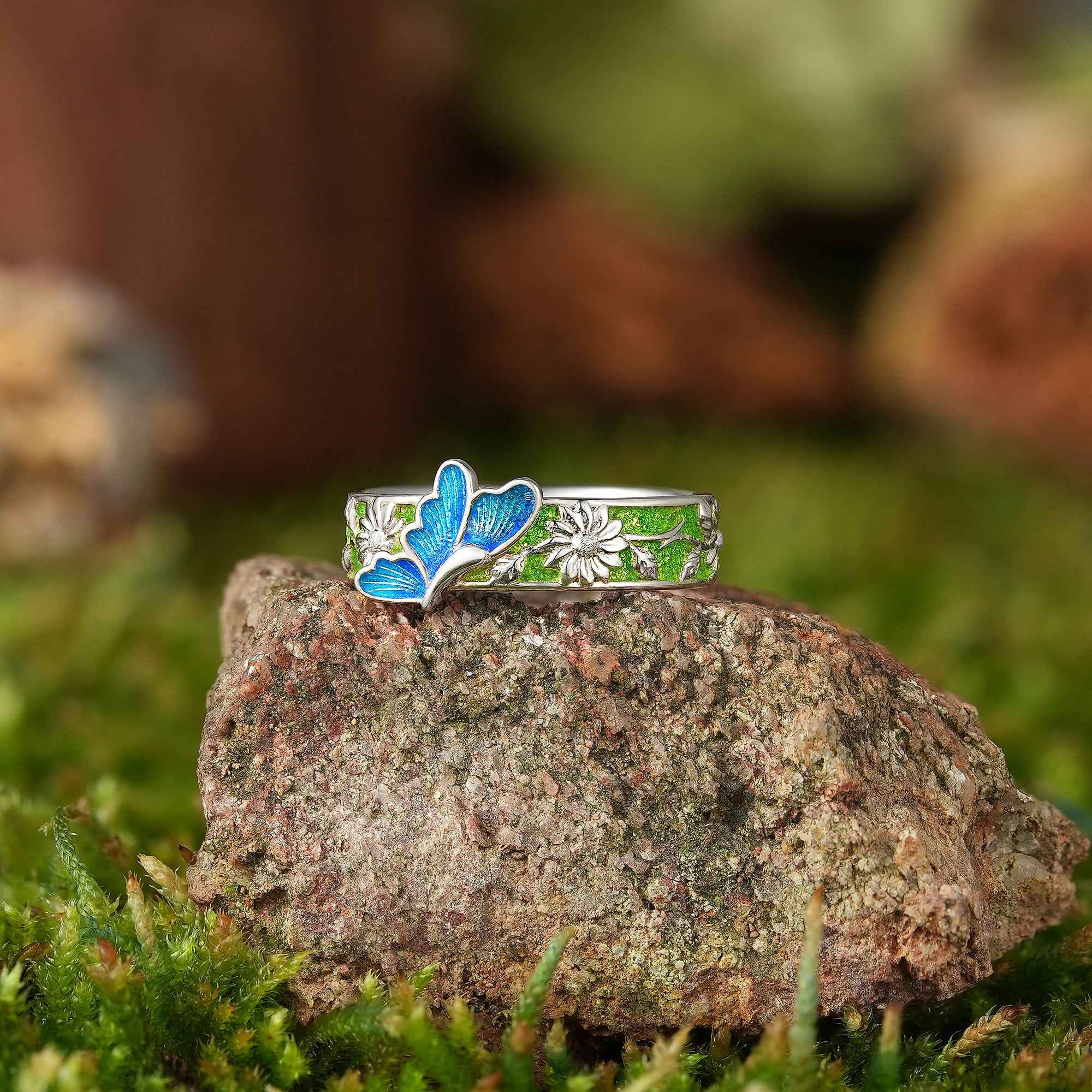 LCCjewelry | Unique Spring Blue Butterfly Enamel Wedding Band