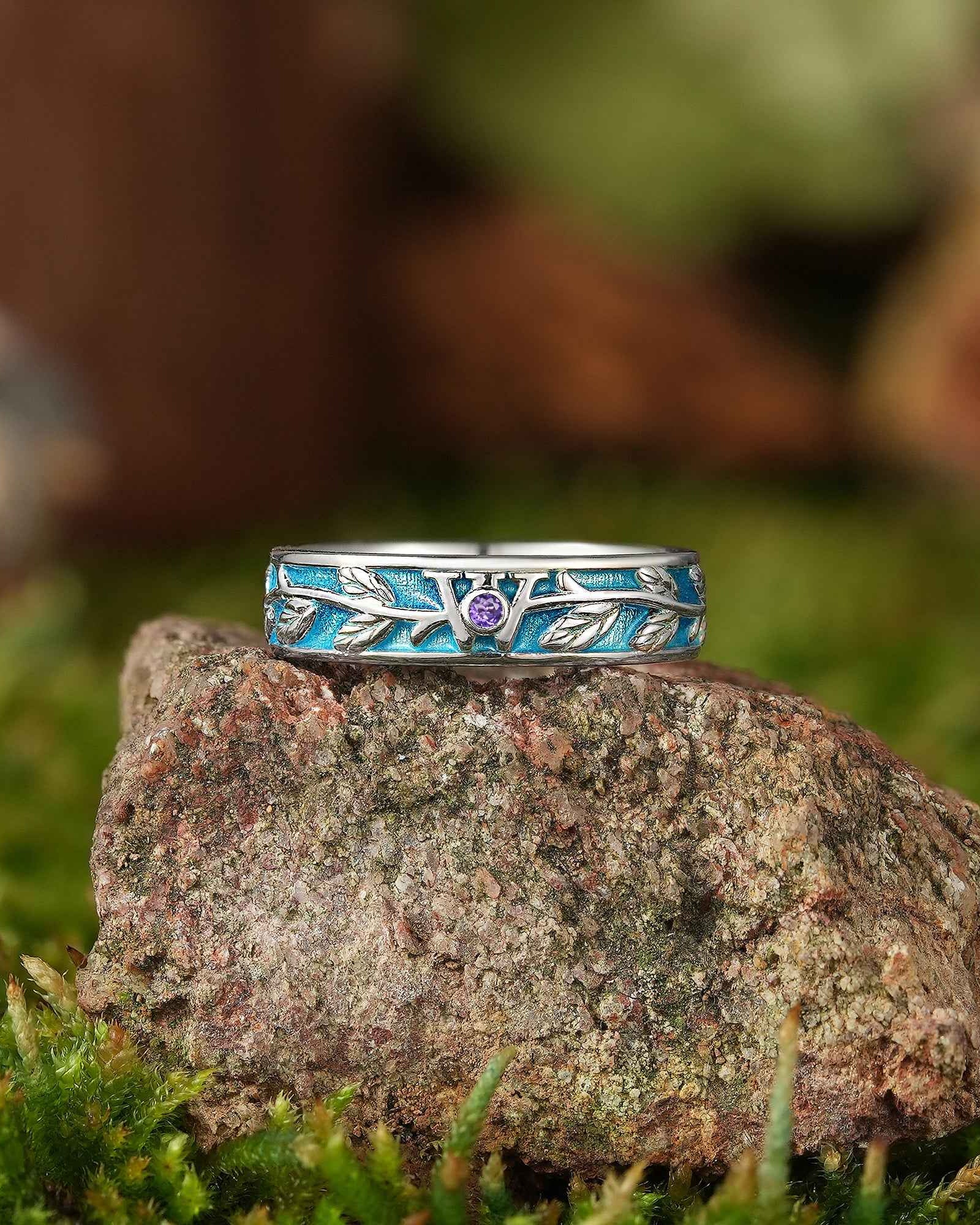 LCCjewelry | Leaf Design Peacock Blue Enamel Wedding Band