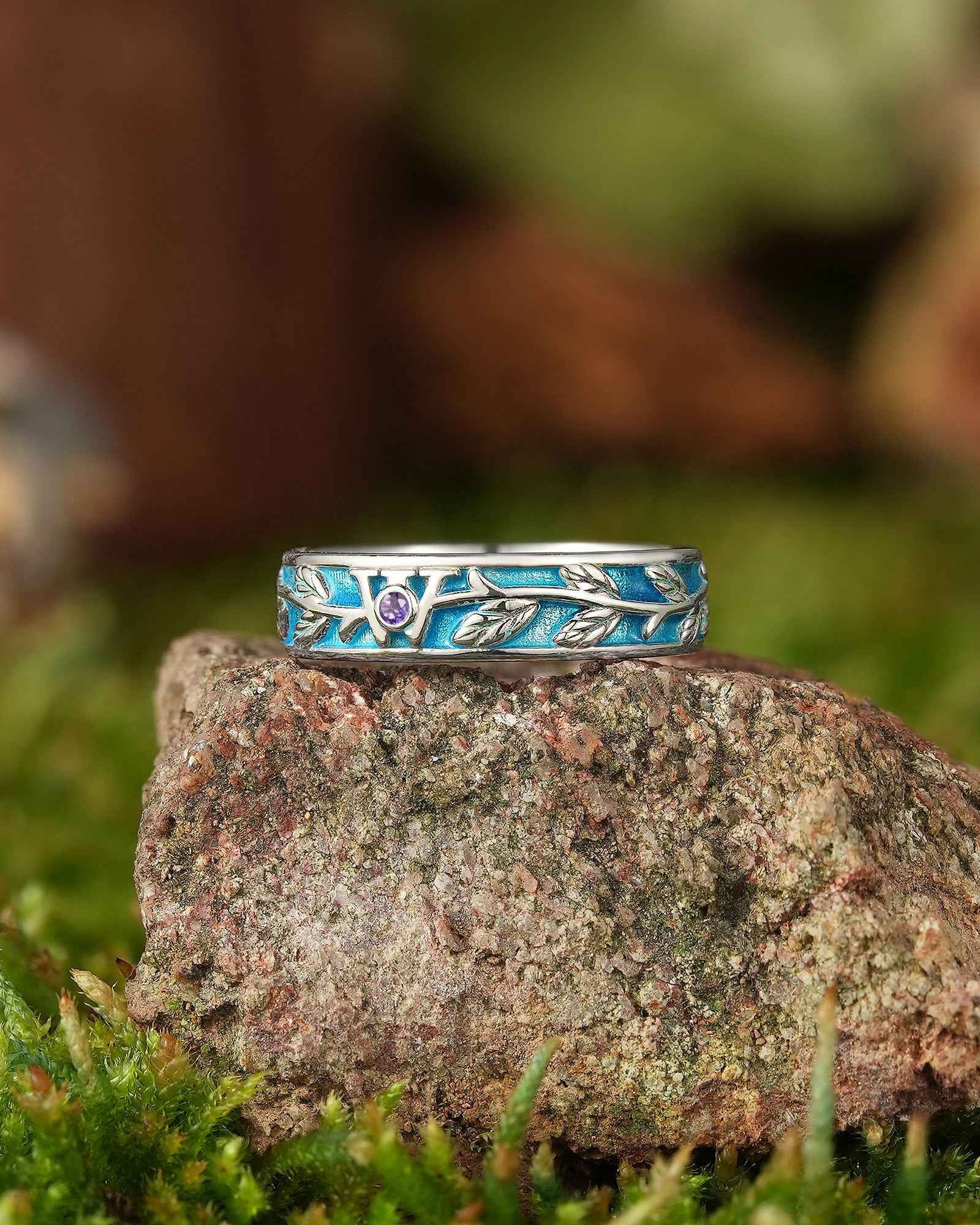LCCjewelry | Leaf Design Peacock Blue Enamel Wedding Band
