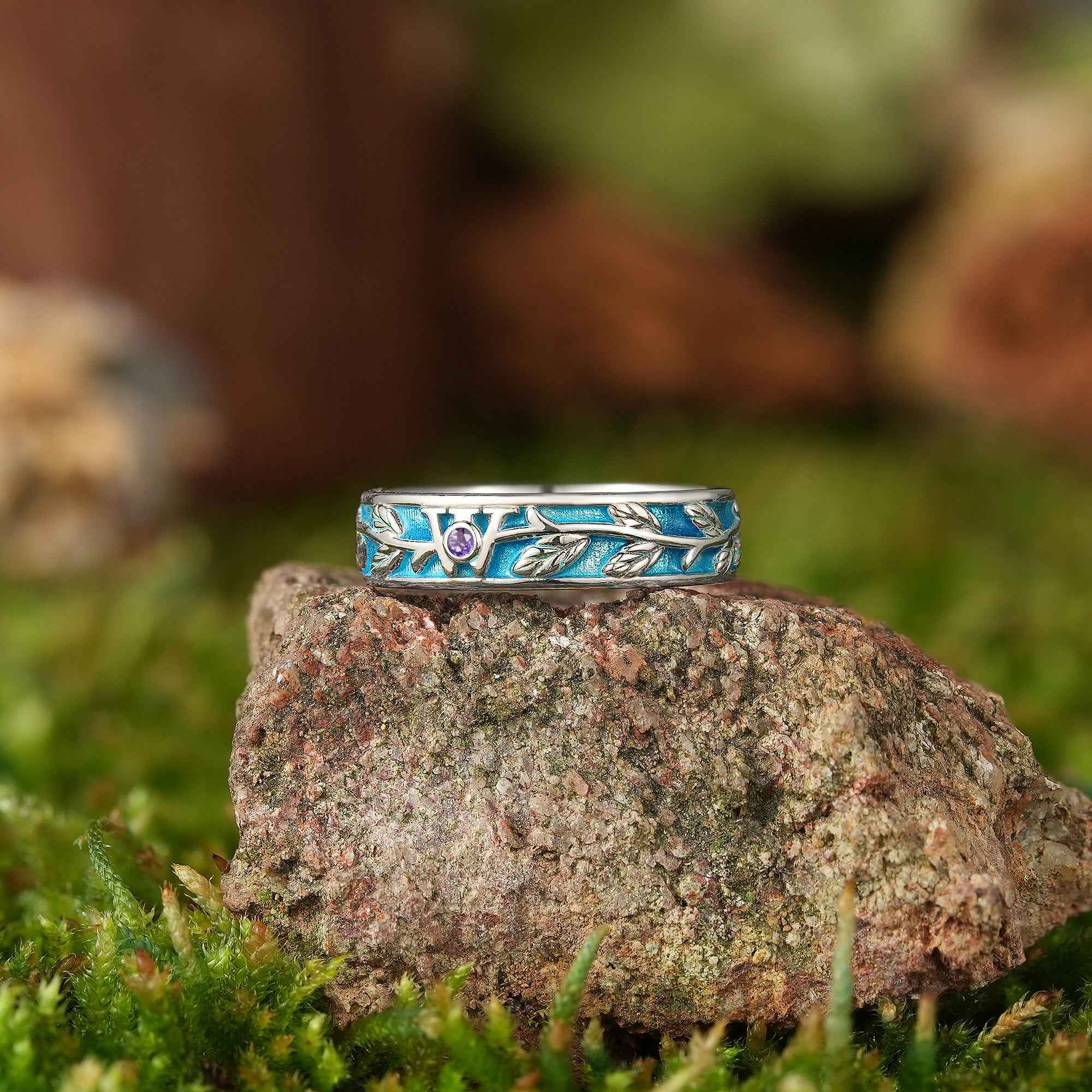 LCCjewelry | Leaf Design Peacock Blue Enamel Wedding Band