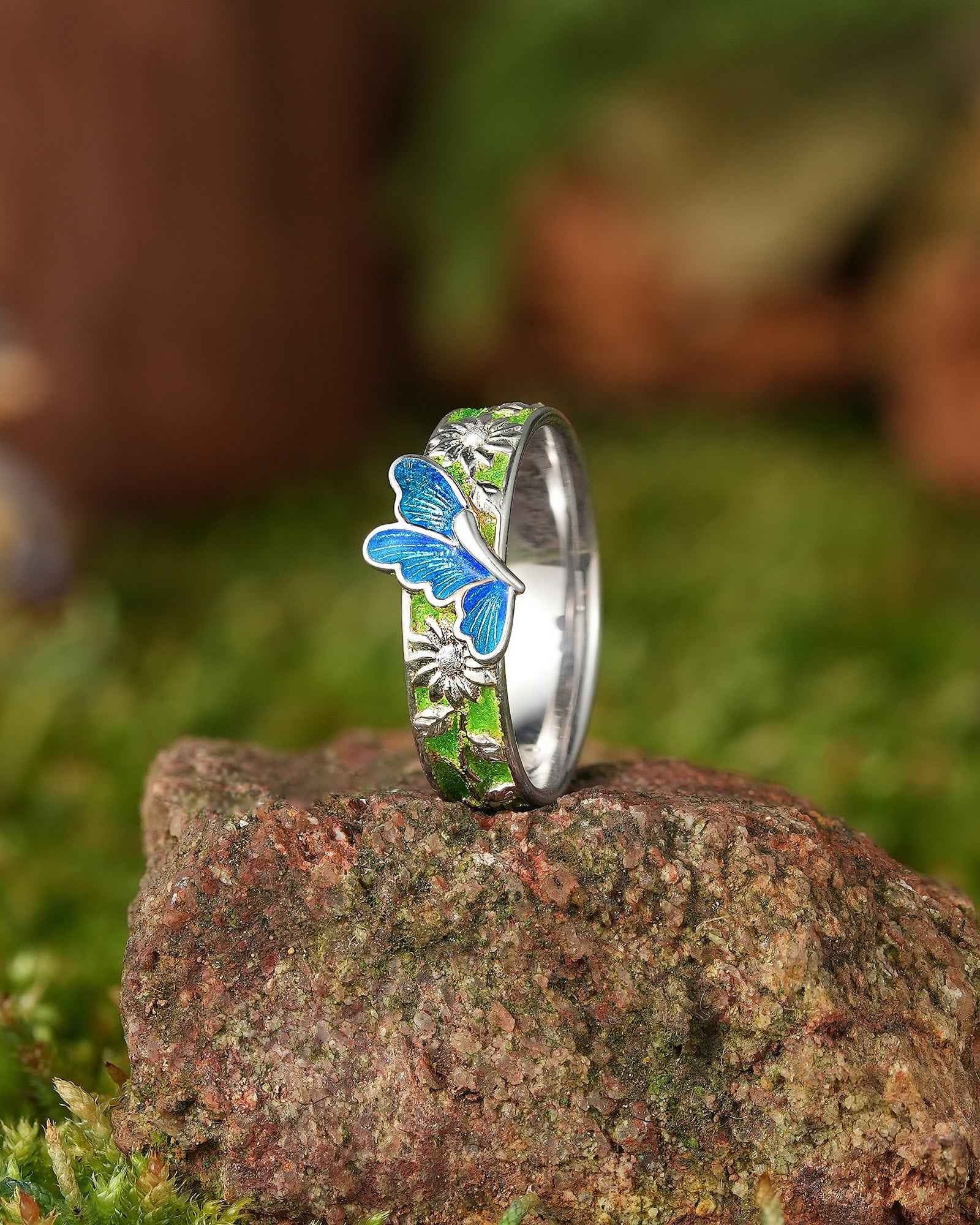 LCCjewelry | Unique Spring Blue Butterfly Enamel Wedding Band