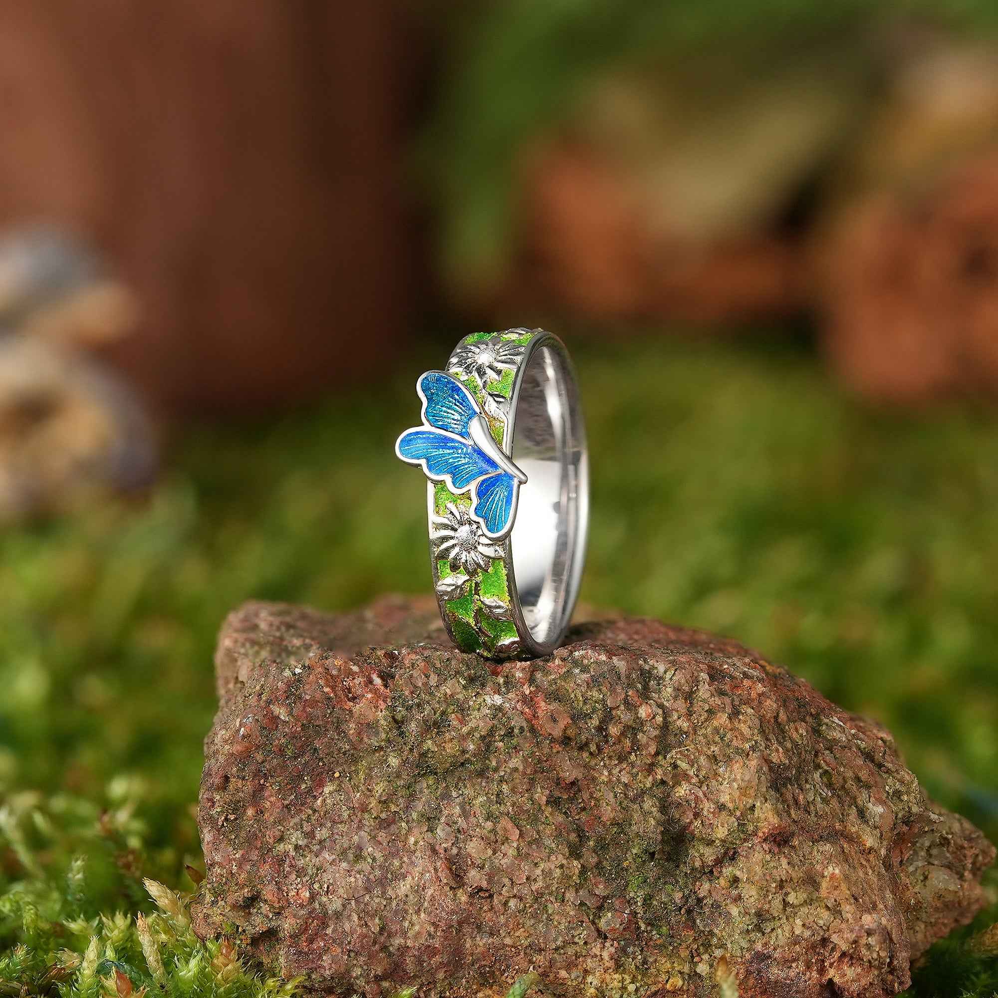 LCCjewelry | Unique Spring Blue Butterfly Enamel Wedding Band