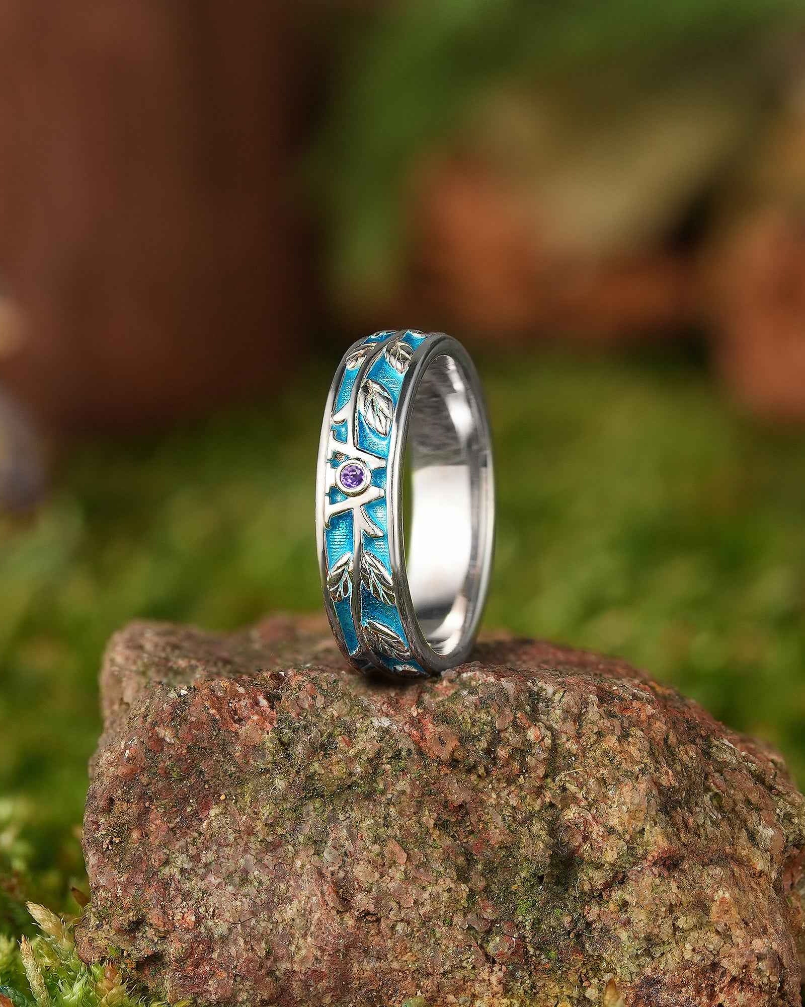 LCCjewelry | Leaf Design Peacock Blue Enamel Wedding Band