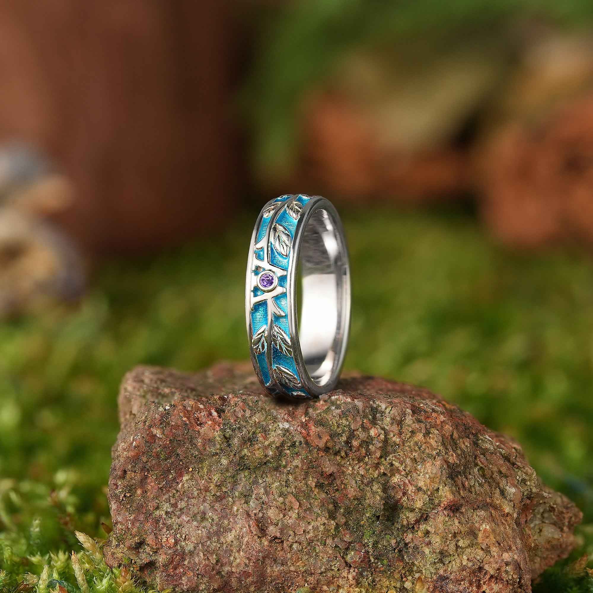 LCCjewelry | Leaf Design Peacock Blue Enamel Wedding Band
