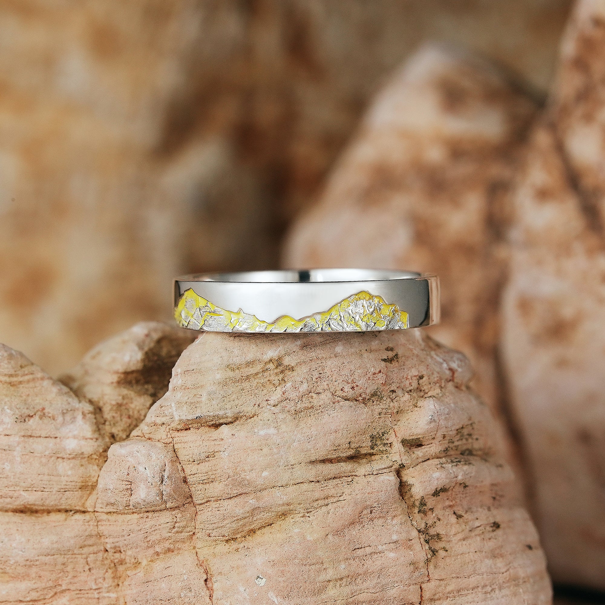 LCCjewelry | Unique Mountain Design Yellow Enamel Wedding Band - LCCjewelry