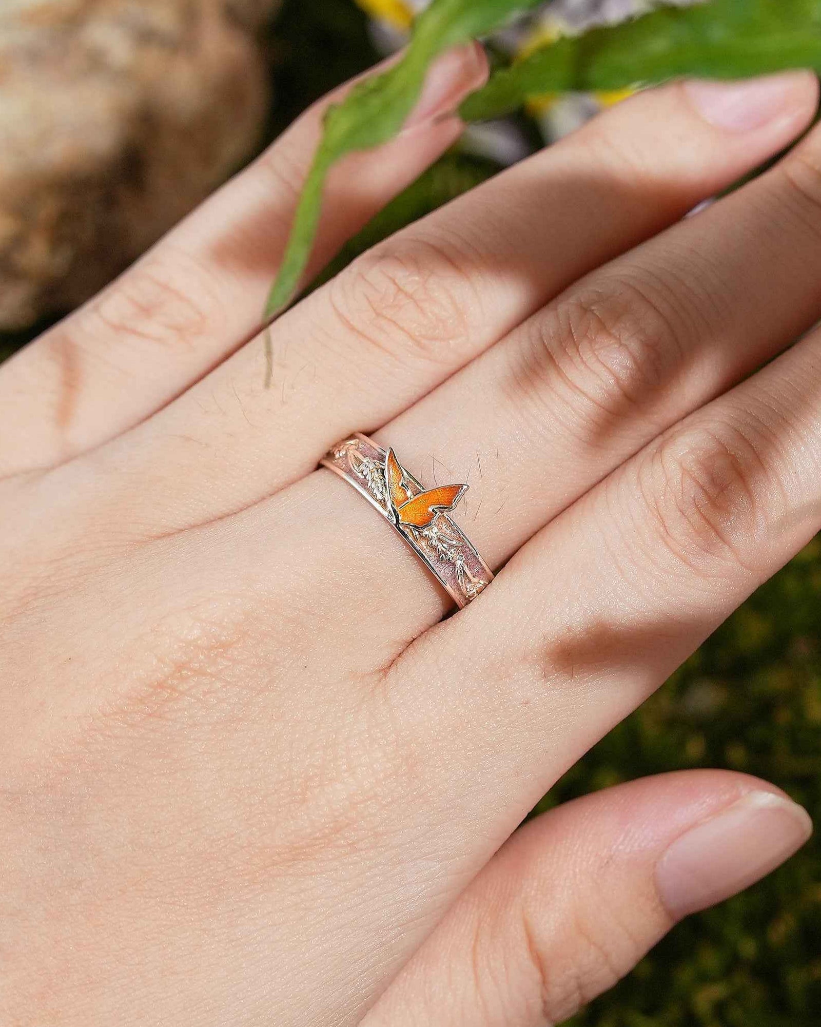 LCCjewelry | Unique Dead Leaf Butterfly Enamel Wedding Band