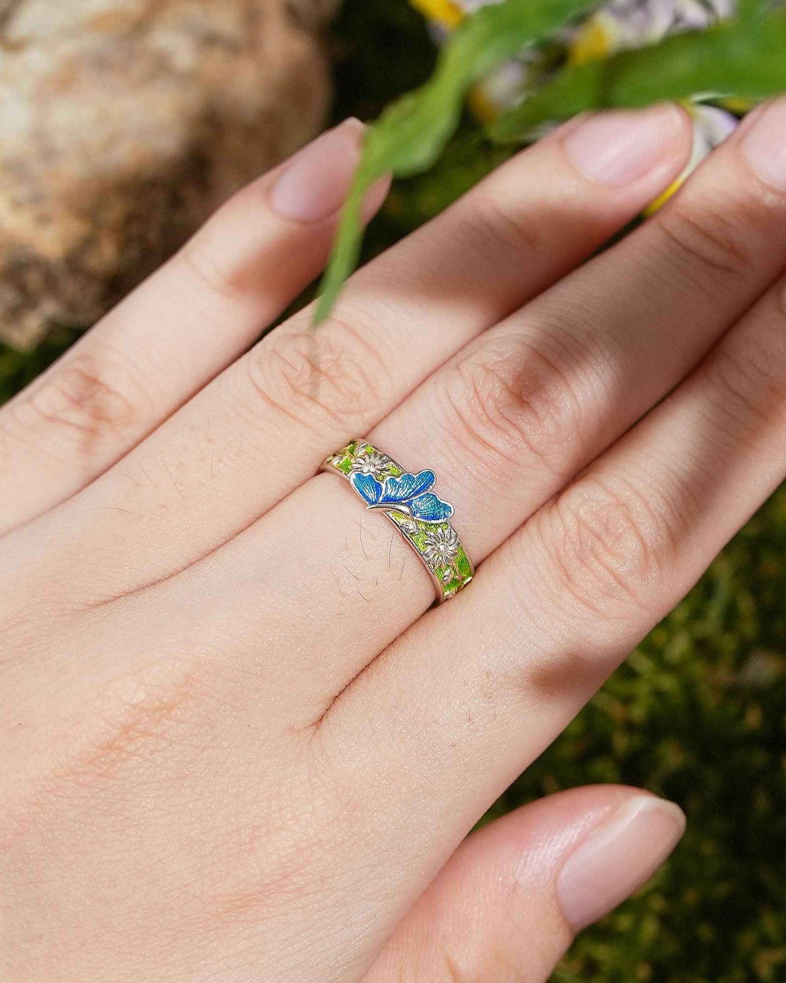LCCjewelry | Unique Spring Blue Butterfly Enamel Wedding Band