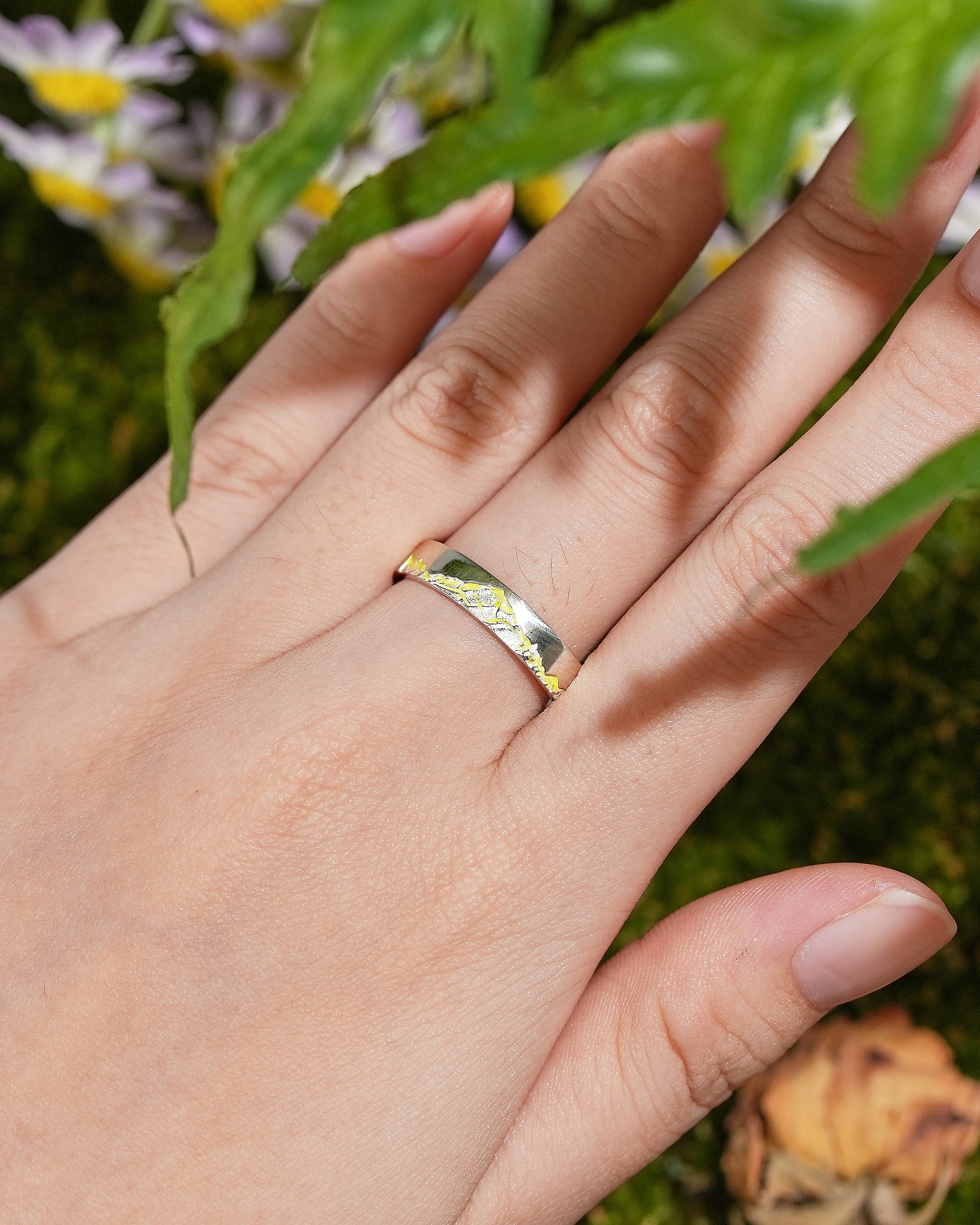 LCCjewelry | Unique Mountain Design Yellow Enamel Wedding Band - LCCjewelry