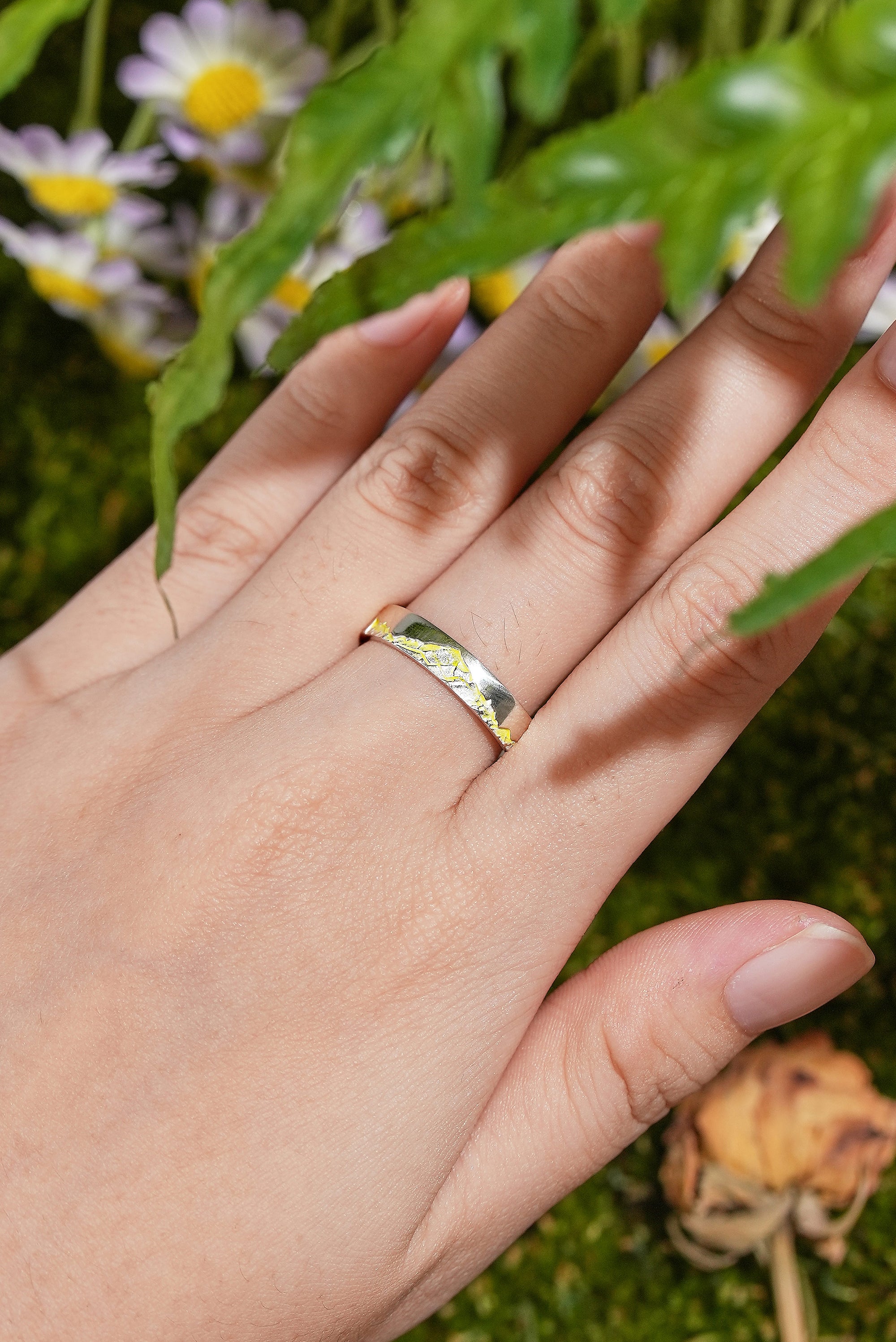 LCCjewelry | Unique Mountain Design Yellow Enamel Wedding Band - LCCjewelry