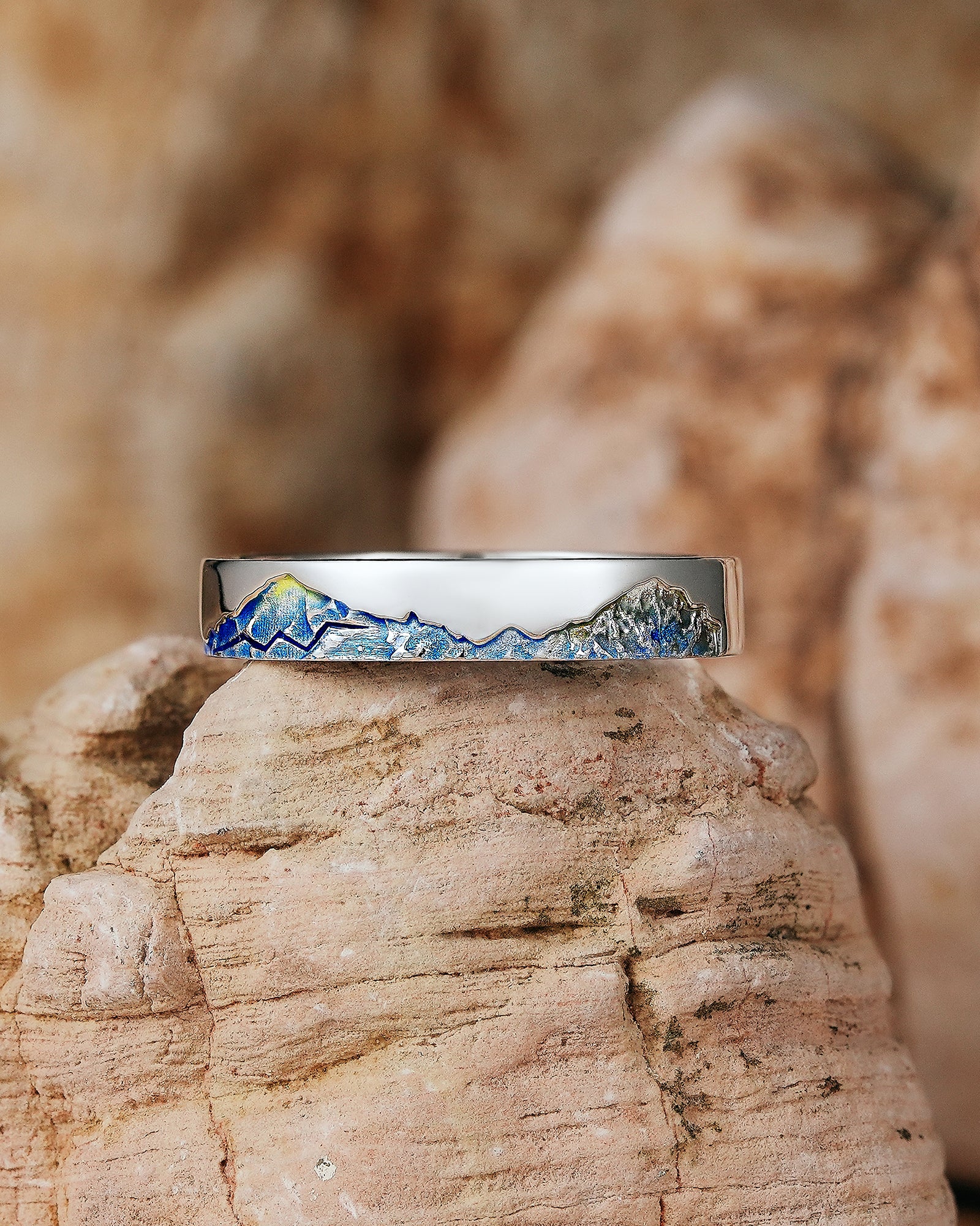 LCCjewelry | Unique Mountain Design Blue Enamel Wedding Band - LCCjewelry