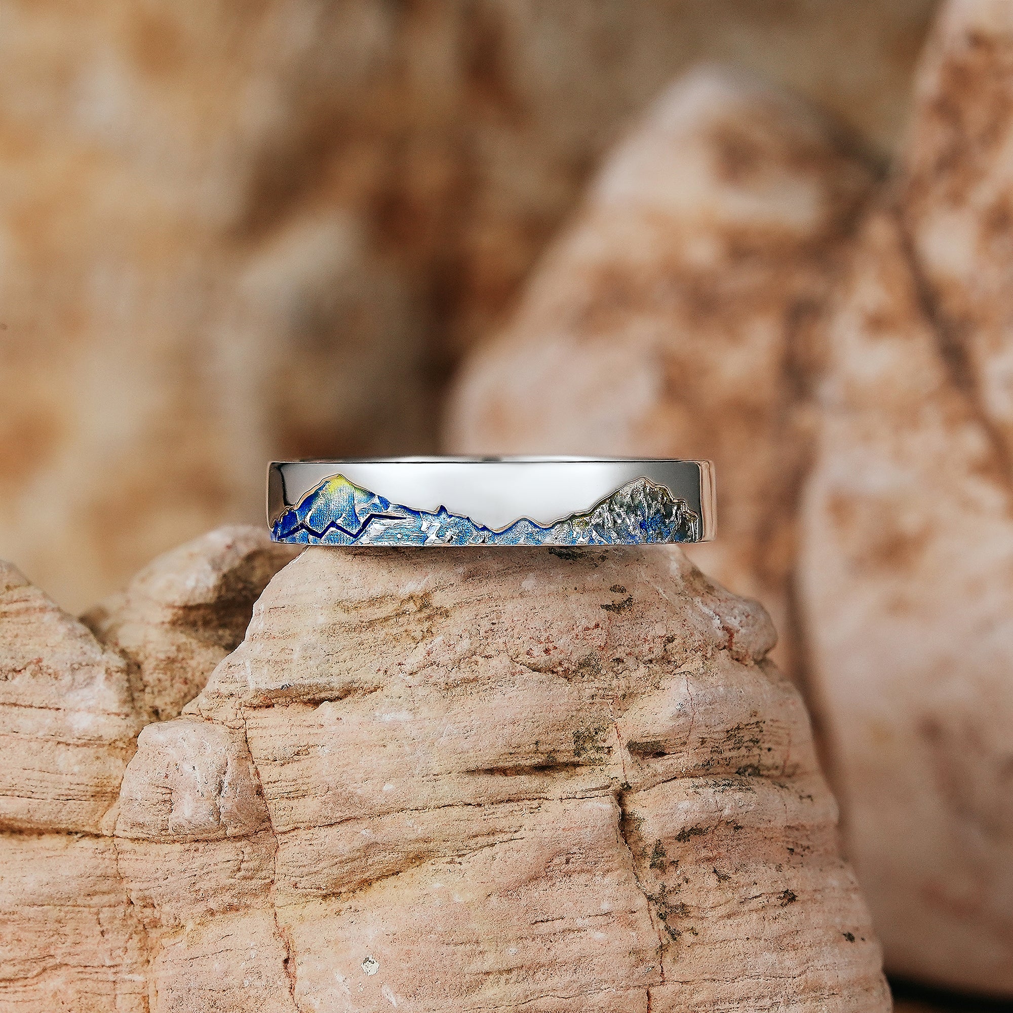 LCCjewelry | Unique Mountain Design Blue Enamel Wedding Band - LCCjewelry