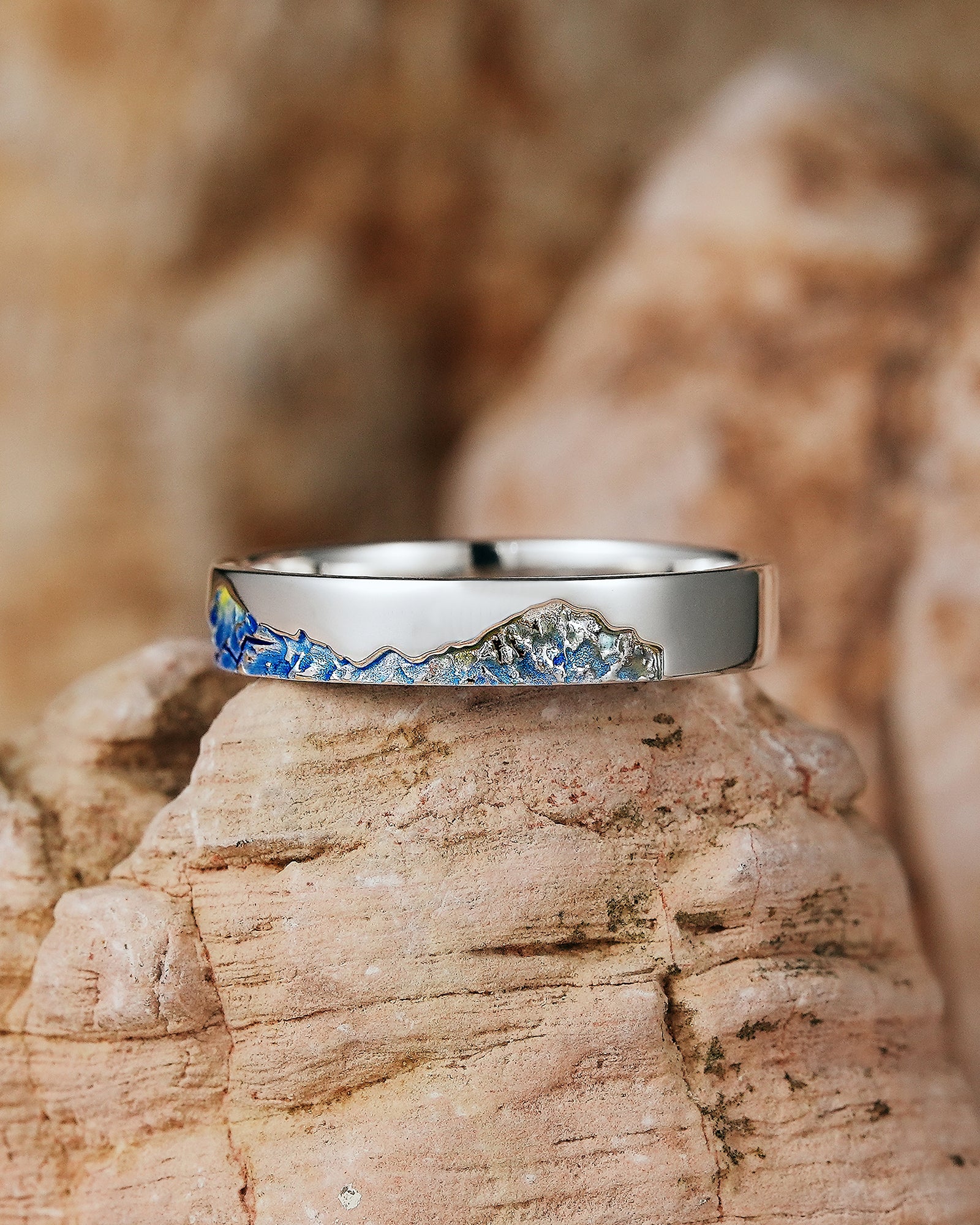 LCCjewelry | Unique Mountain Design Blue Enamel Wedding Band - LCCjewelry
