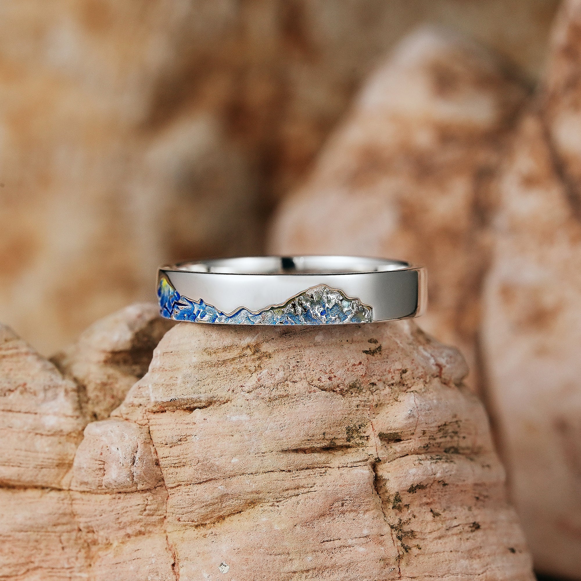 LCCjewelry | Unique Mountain Design Blue Enamel Wedding Band - LCCjewelry