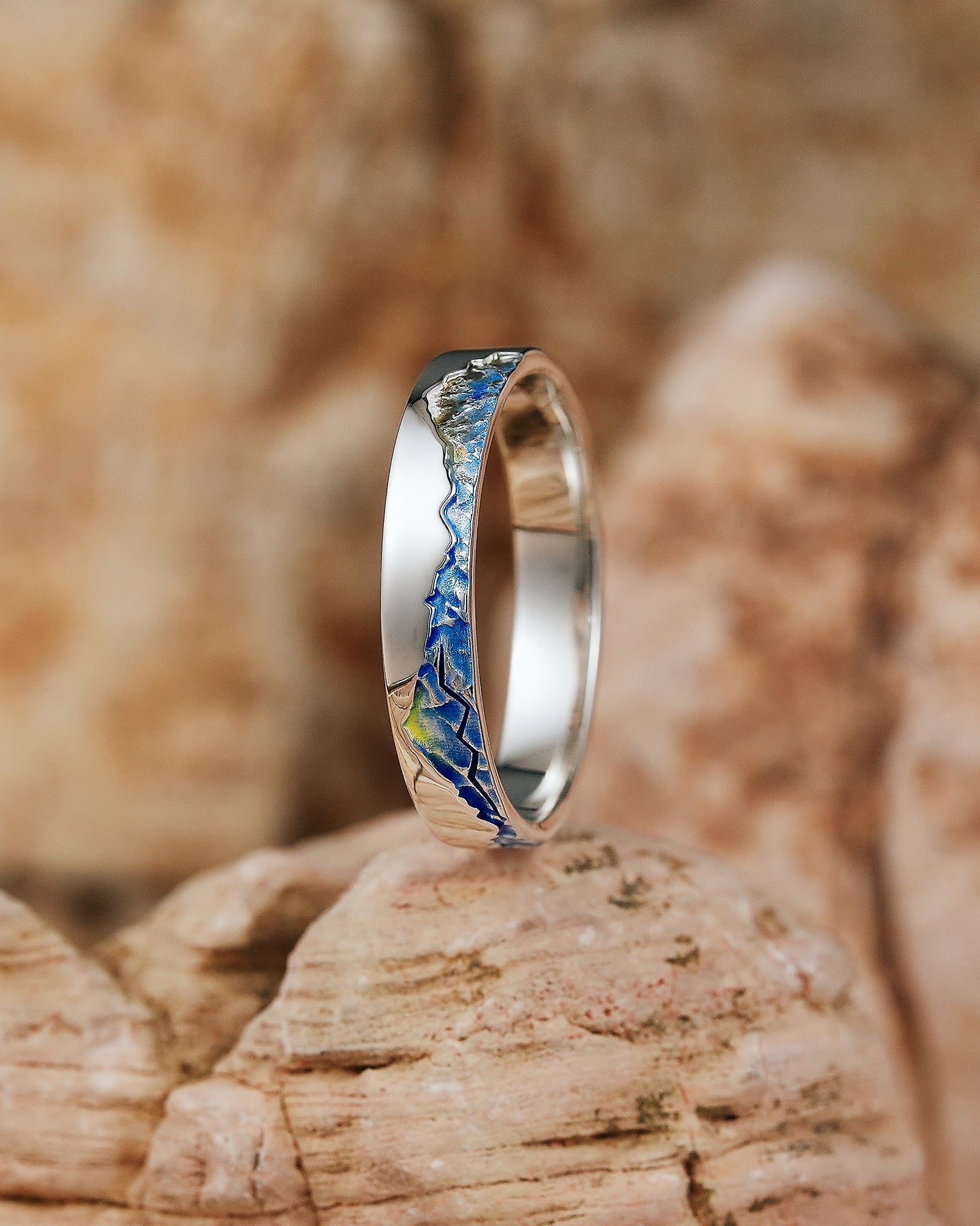 LCCjewelry | Unique Mountain Design Blue Enamel Wedding Band - LCCjewelry