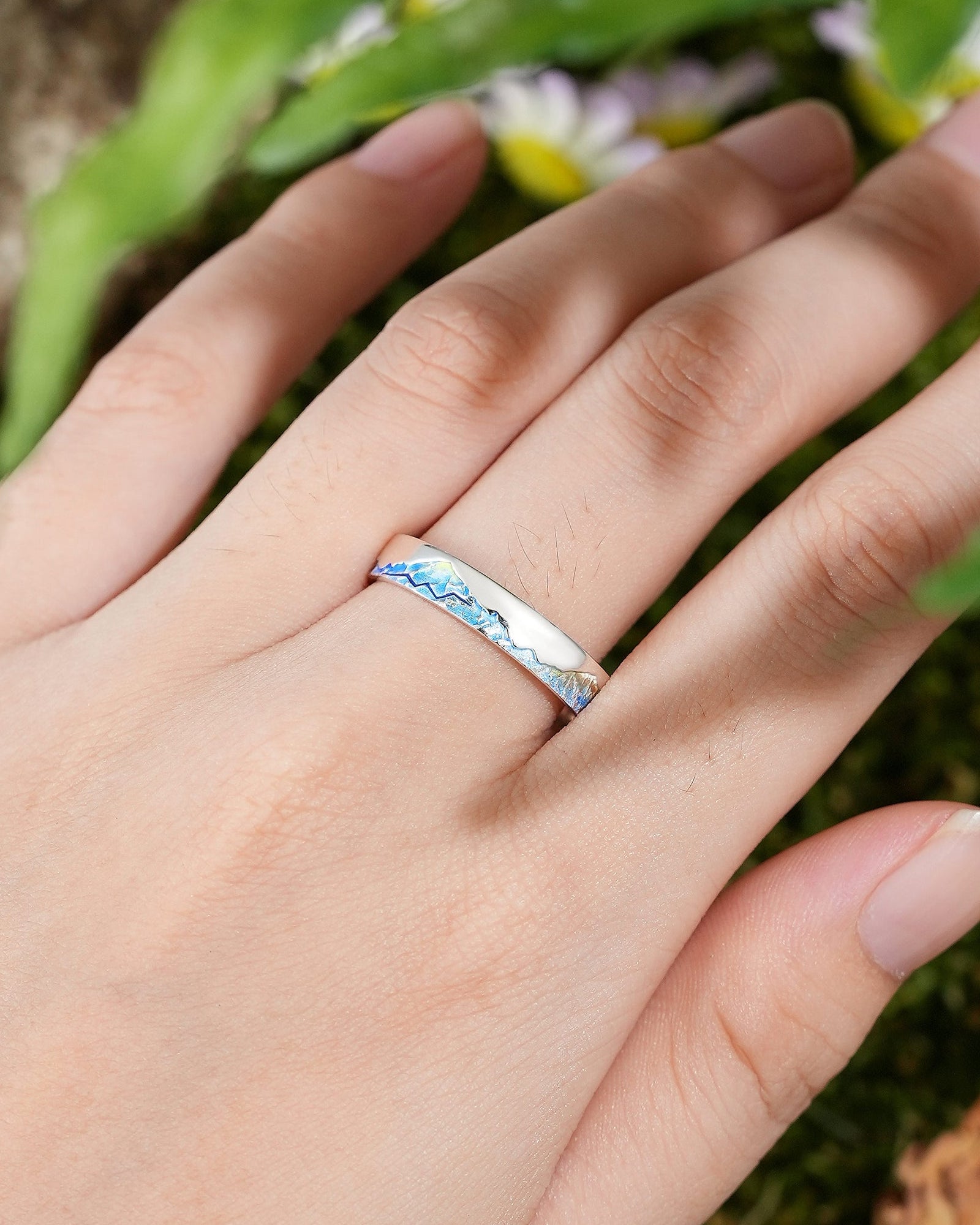 LCCjewelry | Unique Mountain Design Blue Enamel Wedding Band - LCCjewelry