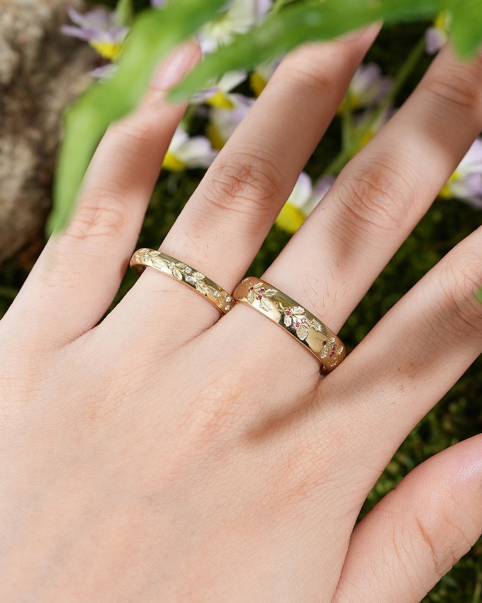 Holly Leaf Couple Rings Yellow Gold Wedding Band Set - LCCjewelry - LCCjewelry