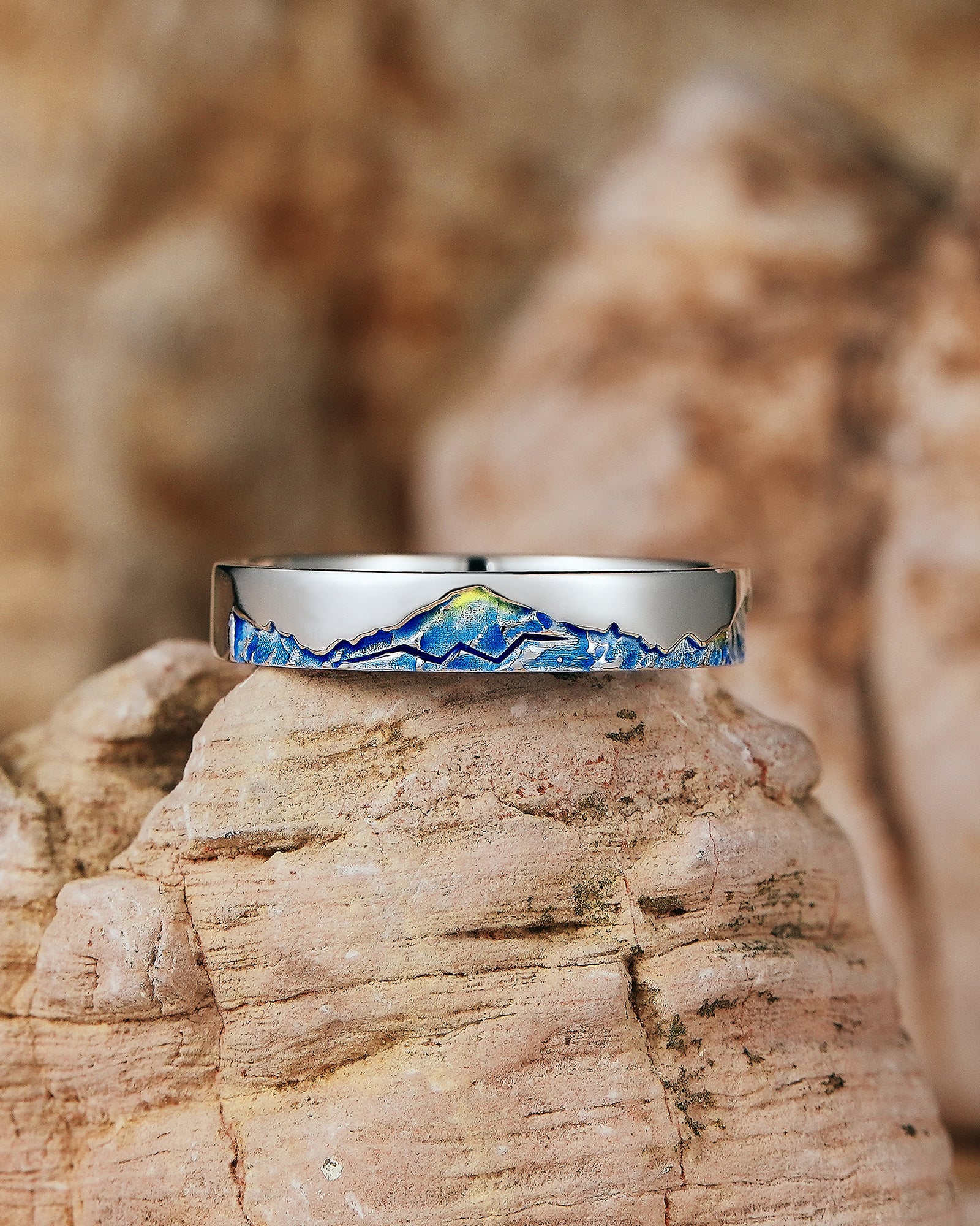 LCCjewelry | Unique Mountain Design Blue Enamel Wedding Band - LCCjewelry