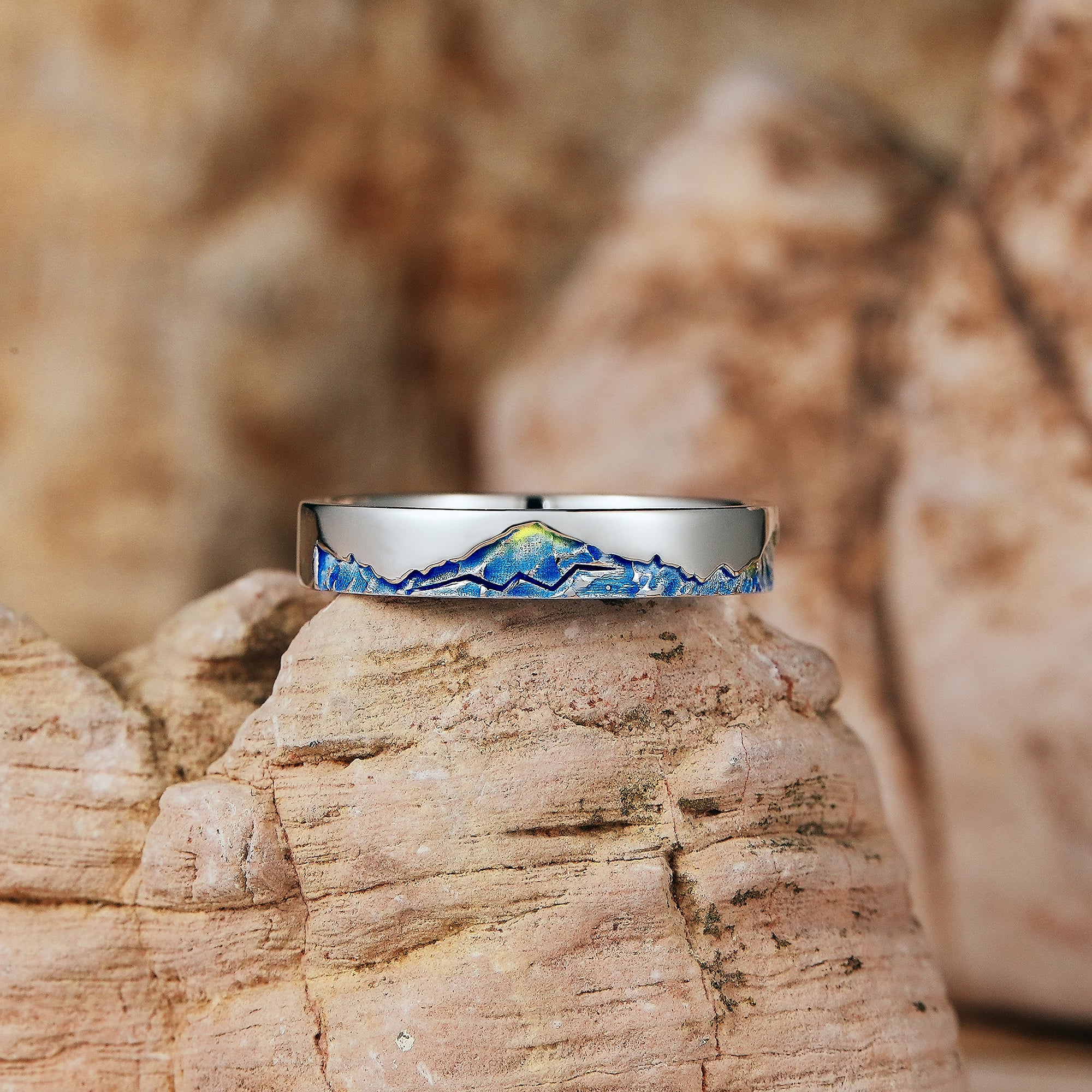 LCCjewelry | Unique Mountain Design Blue Enamel Wedding Band - LCCjewelry