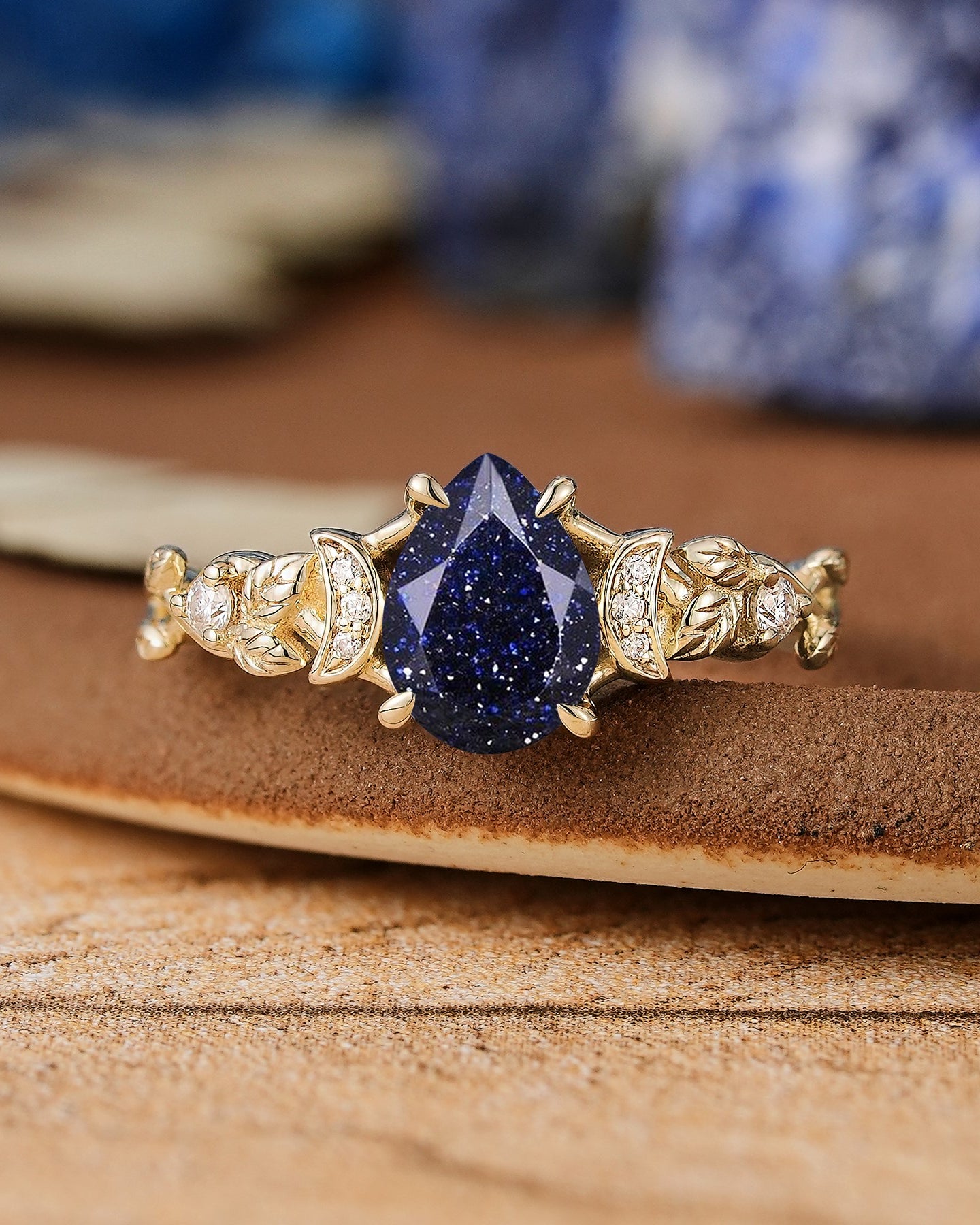 Unique Pear Cut Sandstone Leaf & Moon Design Engagement Ring - LCCjewelry