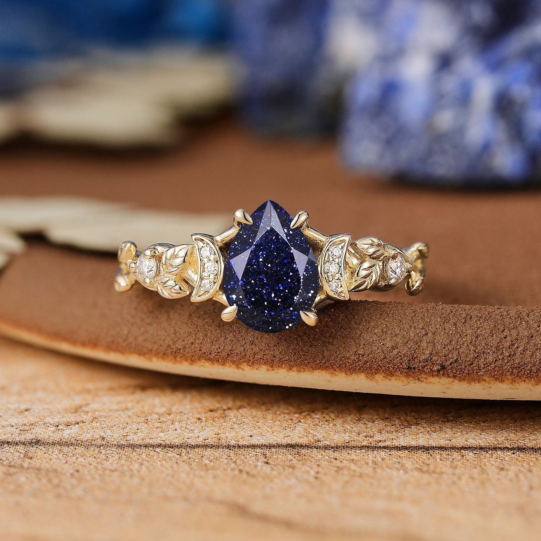 Unique Pear Cut Sandstone Leaf & Moon Design Engagement Ring - LCCjewelry