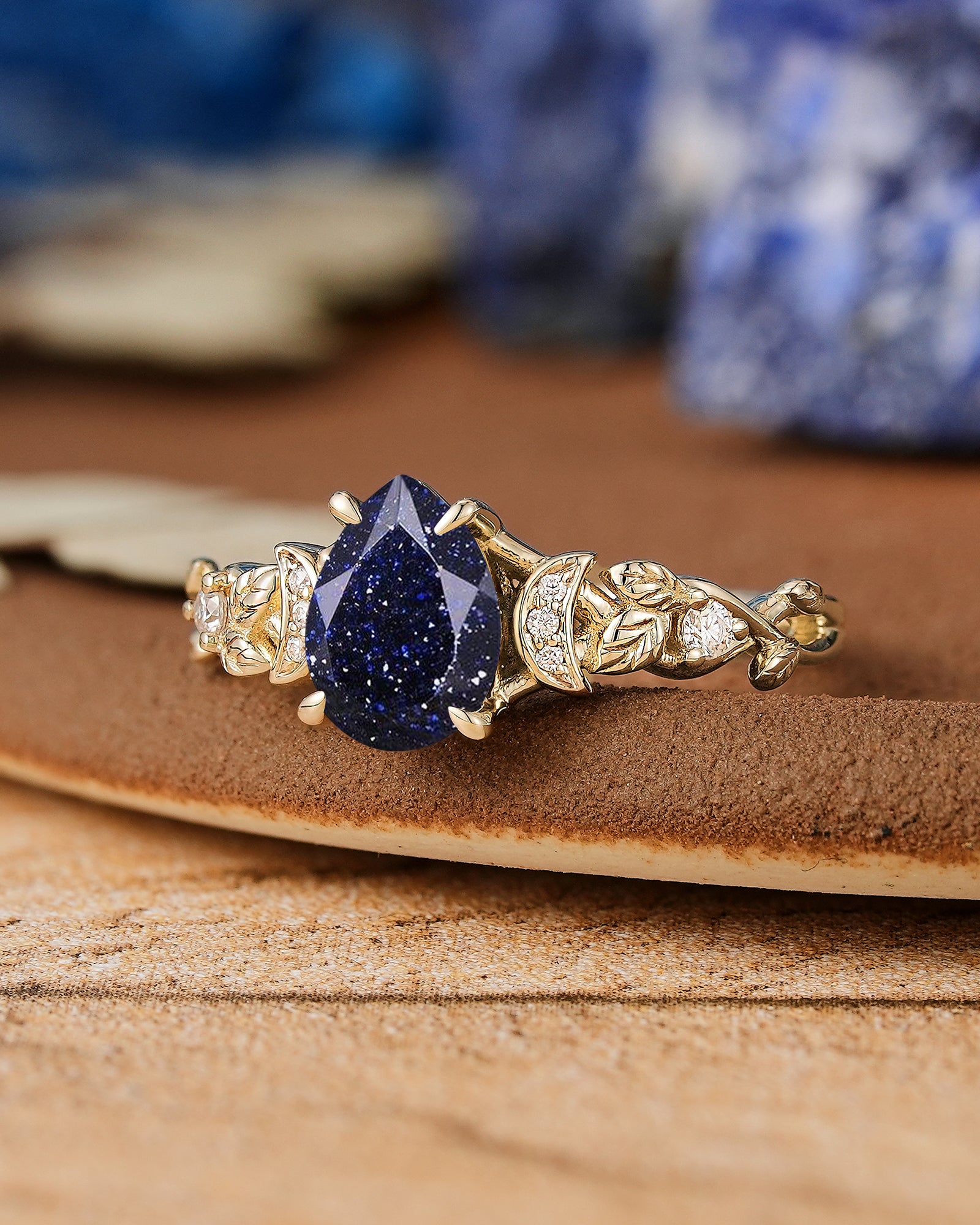 Unique Pear Cut Sandstone Leaf & Moon Design Engagement Ring - LCCjewelry