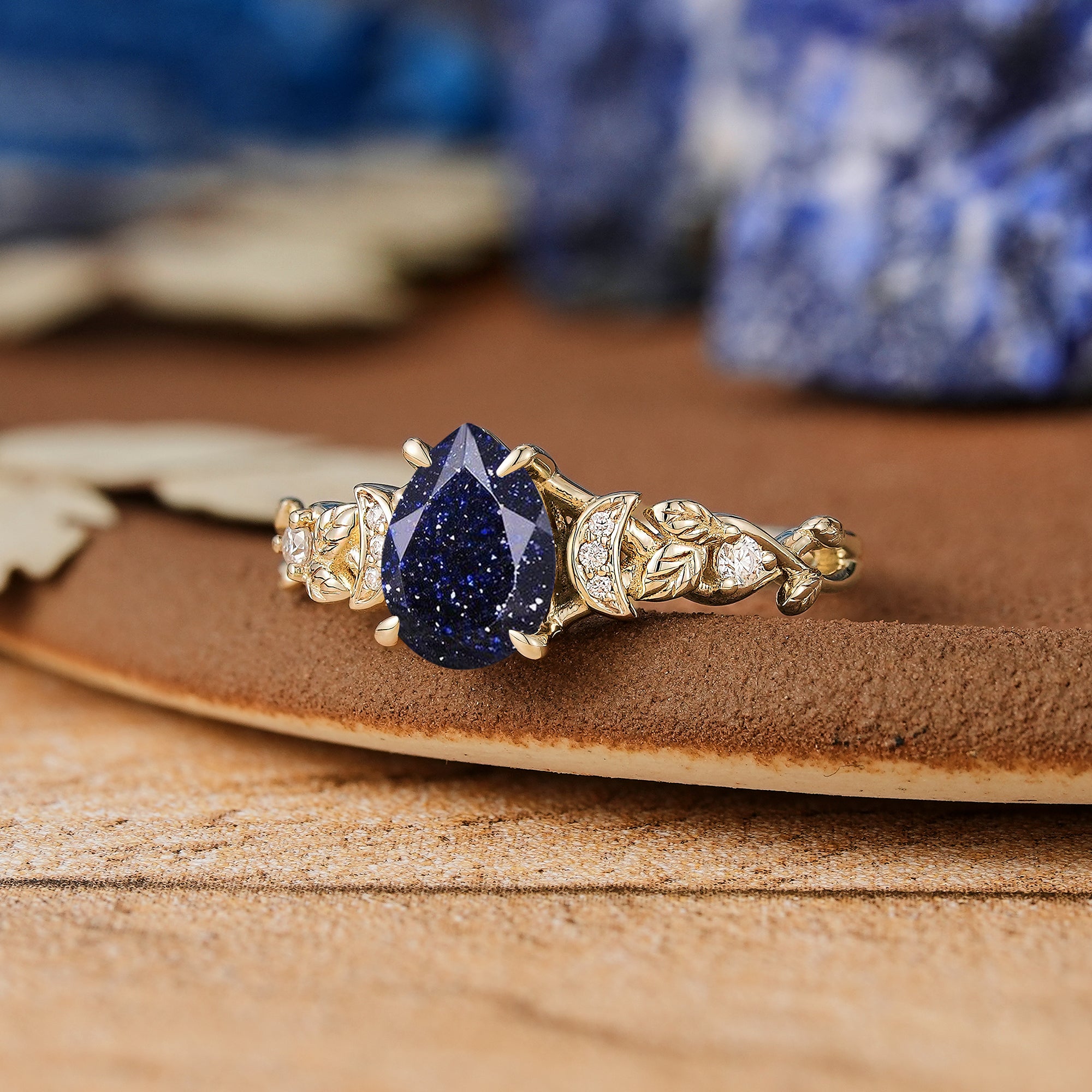 Unique Pear Cut Sandstone Leaf & Moon Design Engagement Ring - LCCjewelry