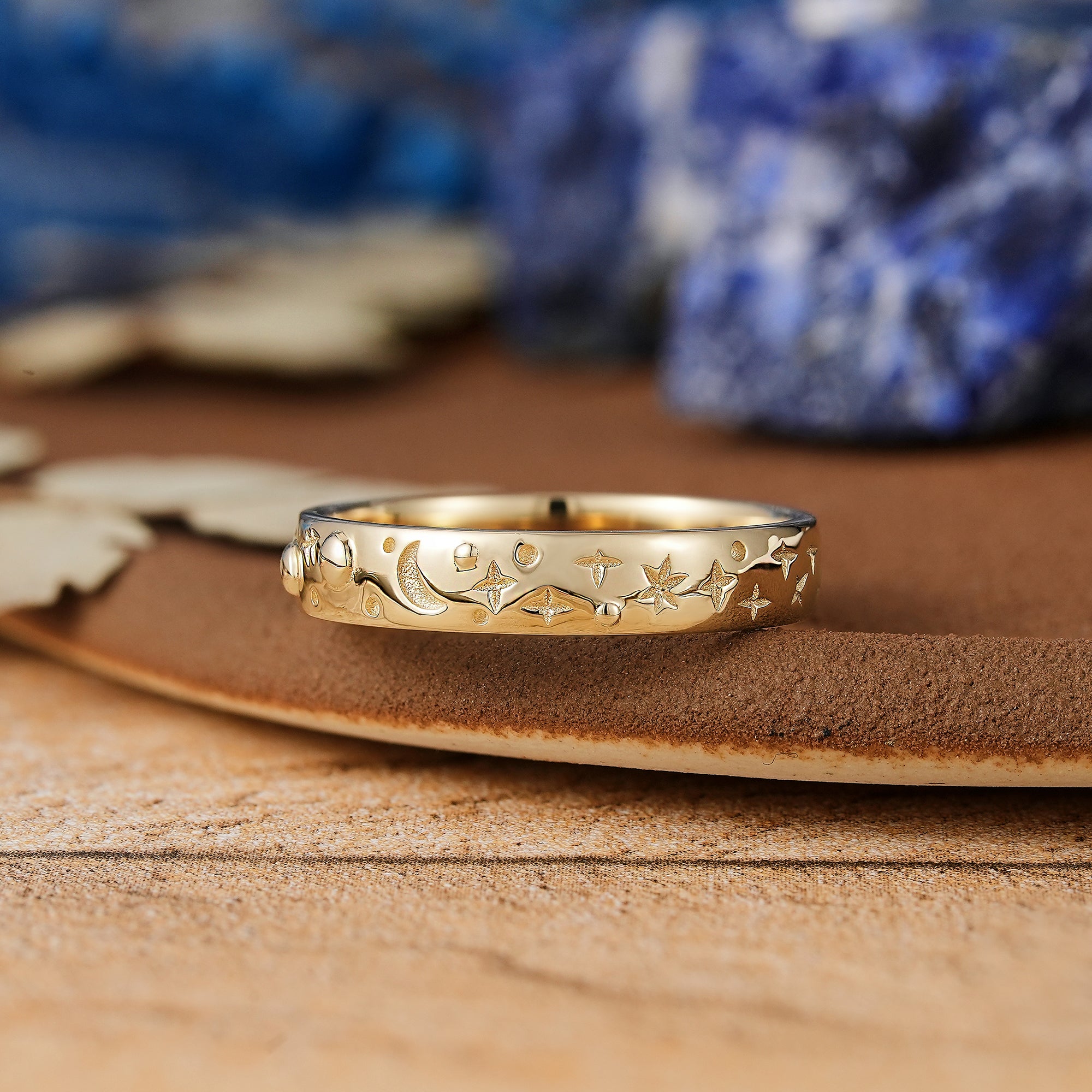 Romantic Celestial rings Star Design Yellow Gold Wedding Band - LCCjewelry