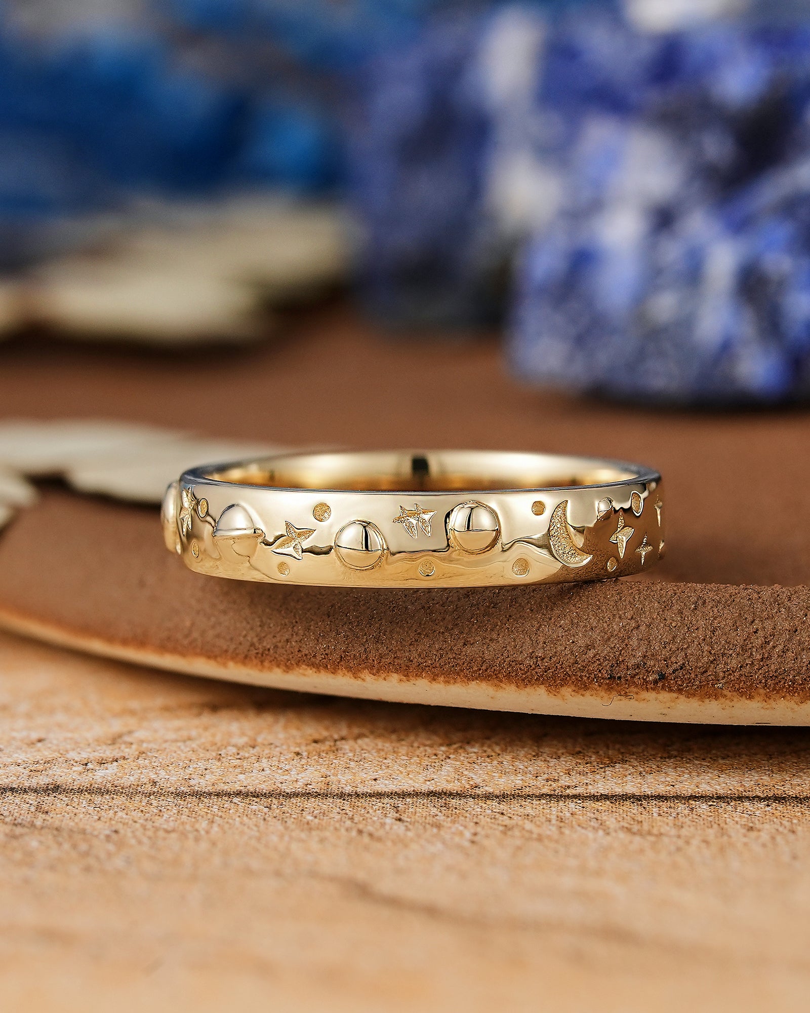 Romantic Celestial rings Star Design Yellow Gold Wedding Band - LCCjewelry