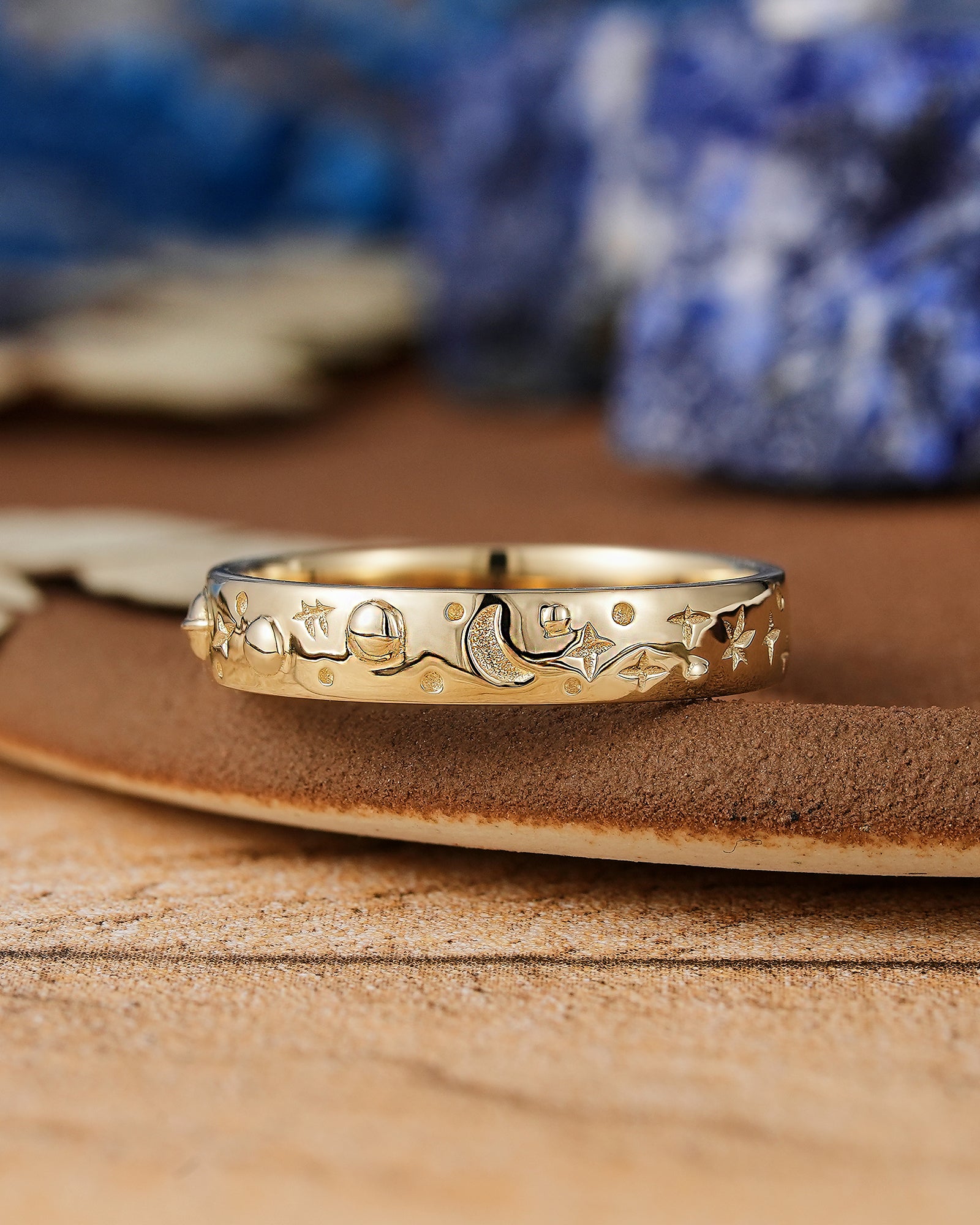 Romantic Celestial rings Star Design Yellow Gold Wedding Band - LCCjewelry