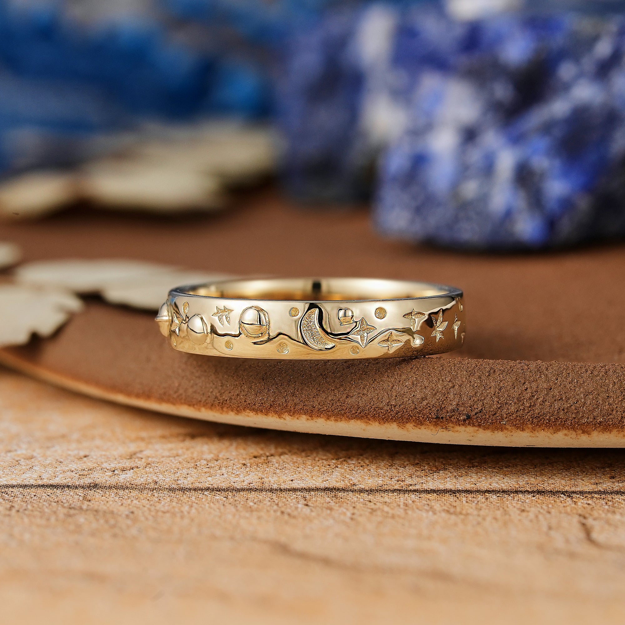 Romantic Celestial rings Star Design Yellow Gold Wedding Band - LCCjewelry