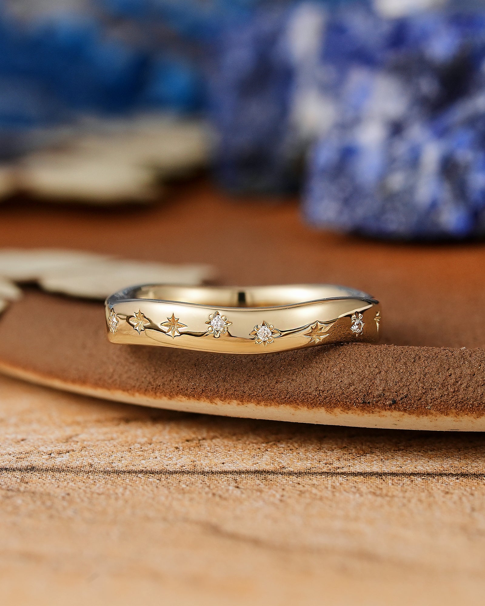 Delicate Yellow Gold Starburst Wedding Band with Moissanite - LCCjewelry