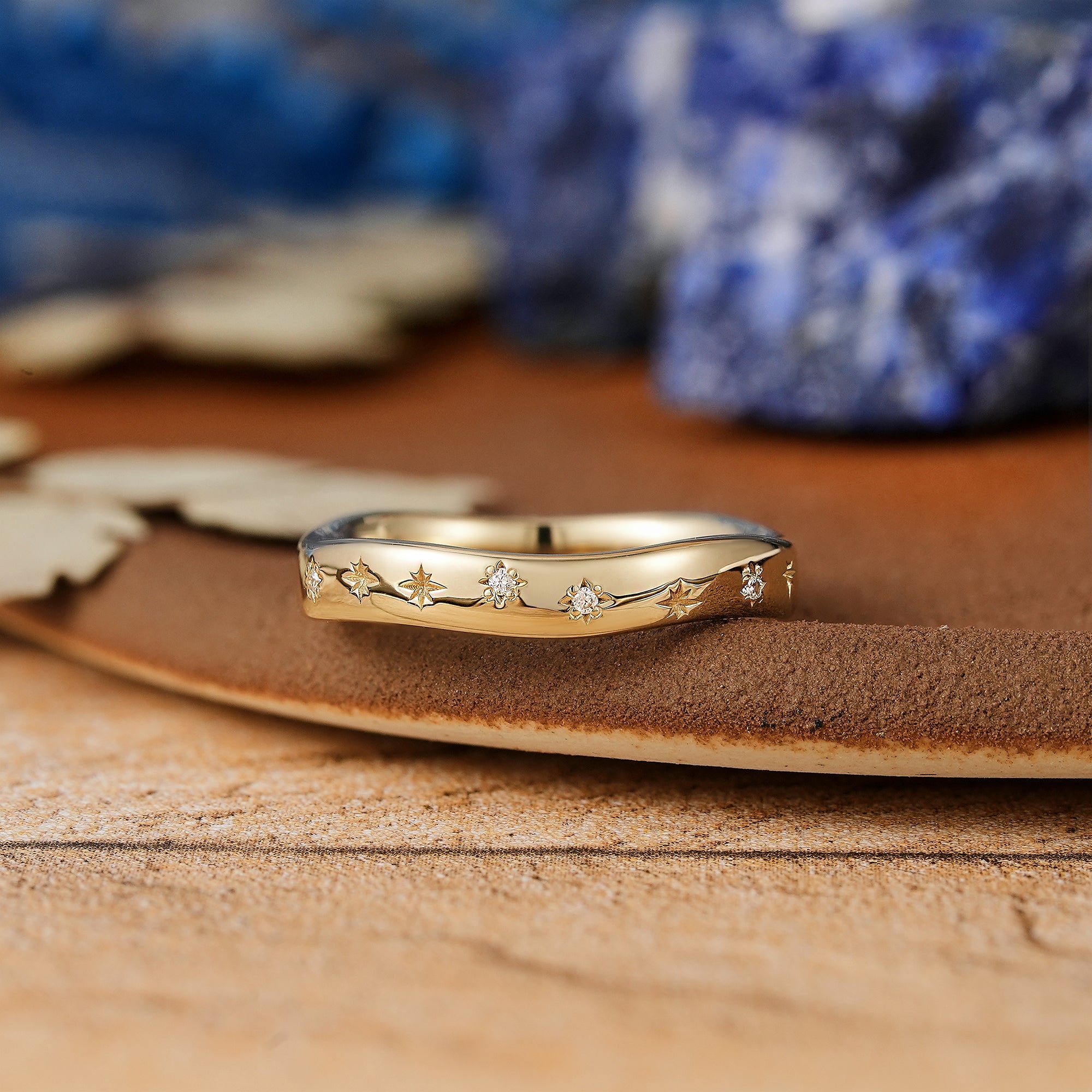 Delicate Yellow Gold Starburst Wedding Band with Moissanite - LCCjewelry