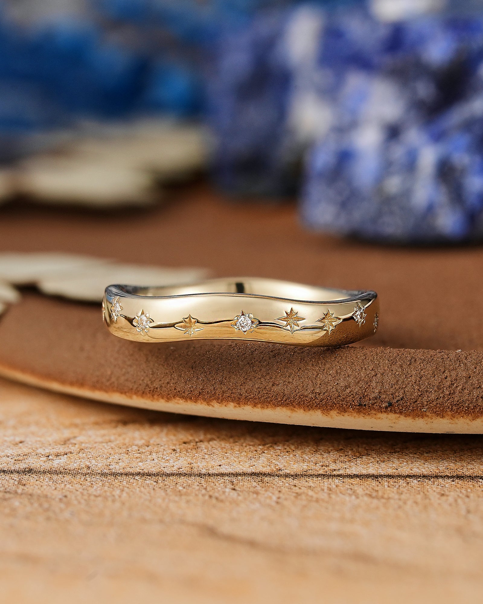 Delicate Yellow Gold Starburst Wedding Band with Moissanite - LCCjewelry