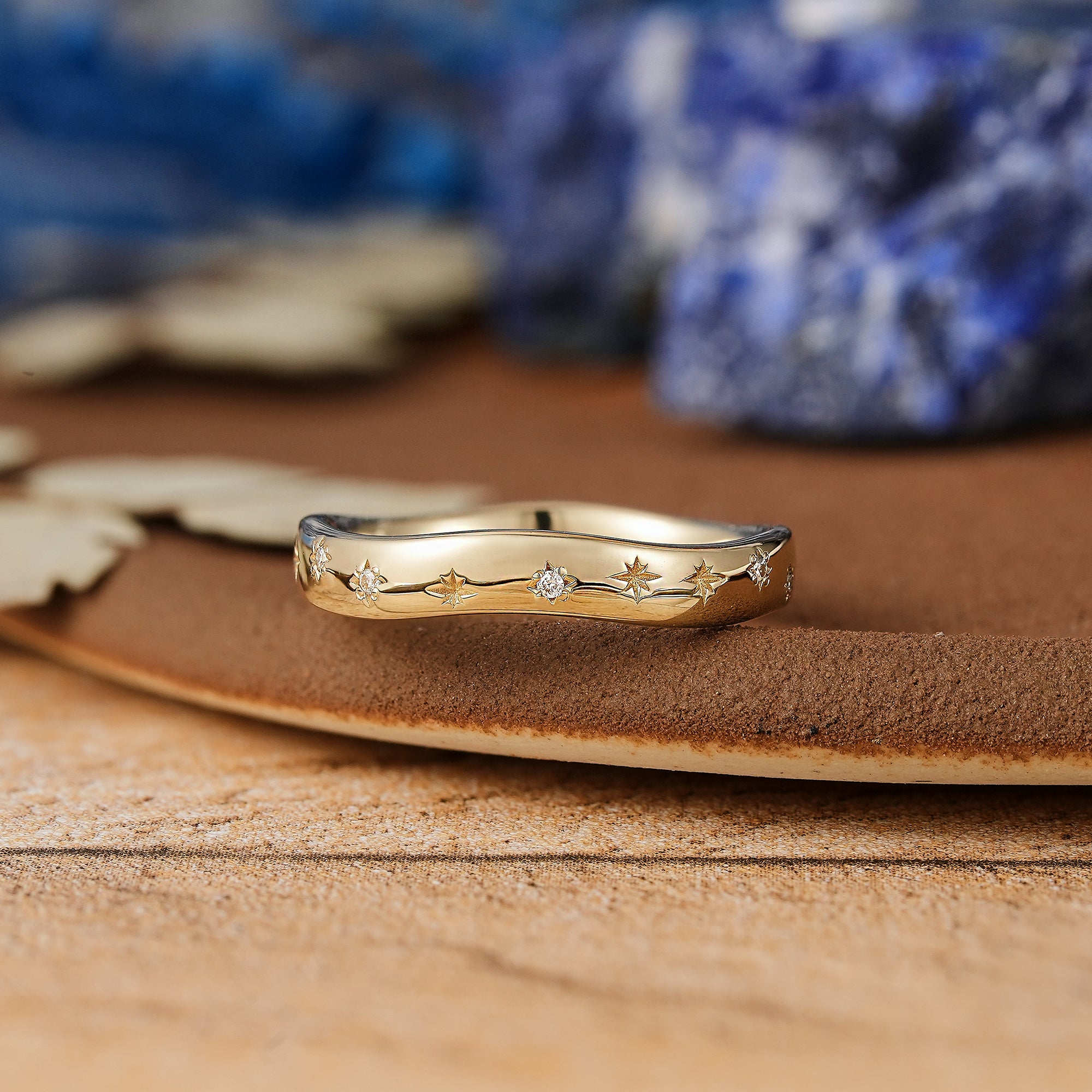 Delicate Yellow Gold Starburst Wedding Band with Moissanite - LCCjewelry