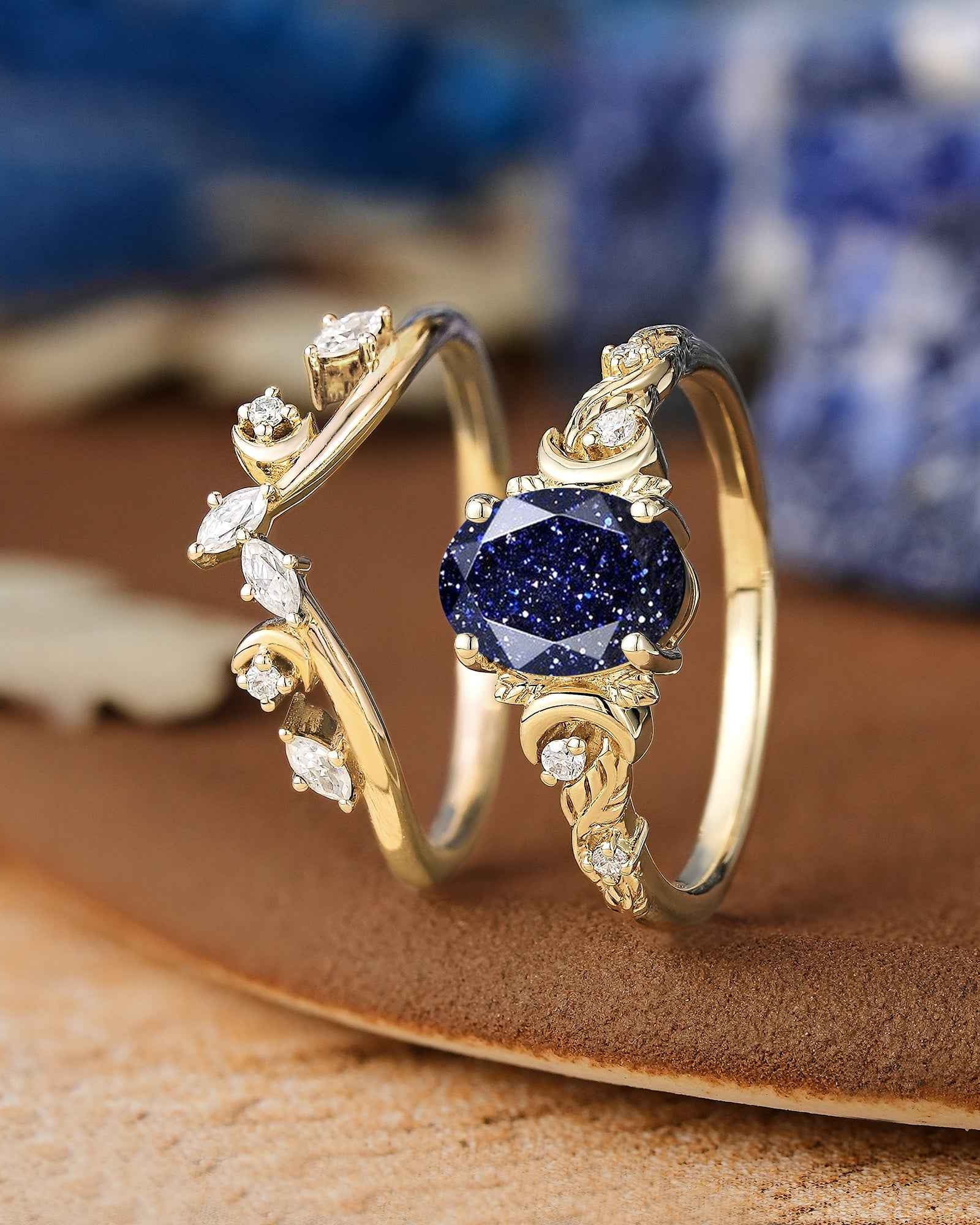 Moon Inspired | Sandstone Leaf & Moon Engagement Ring Set